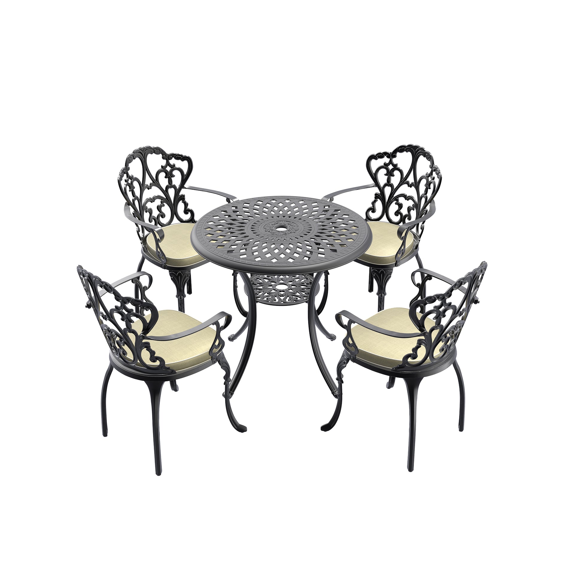 Ornate cast iron patio set with cream cushions ideal for outdoor dining