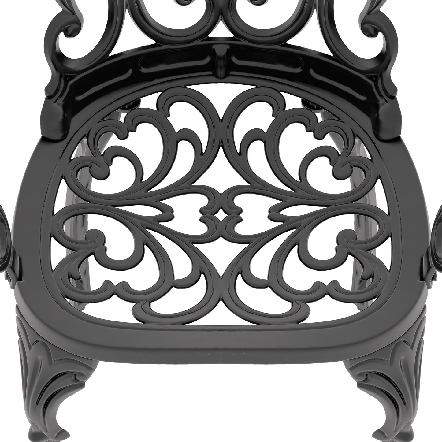 Black ornate cast iron bench seat with intricate scrollwork detailing