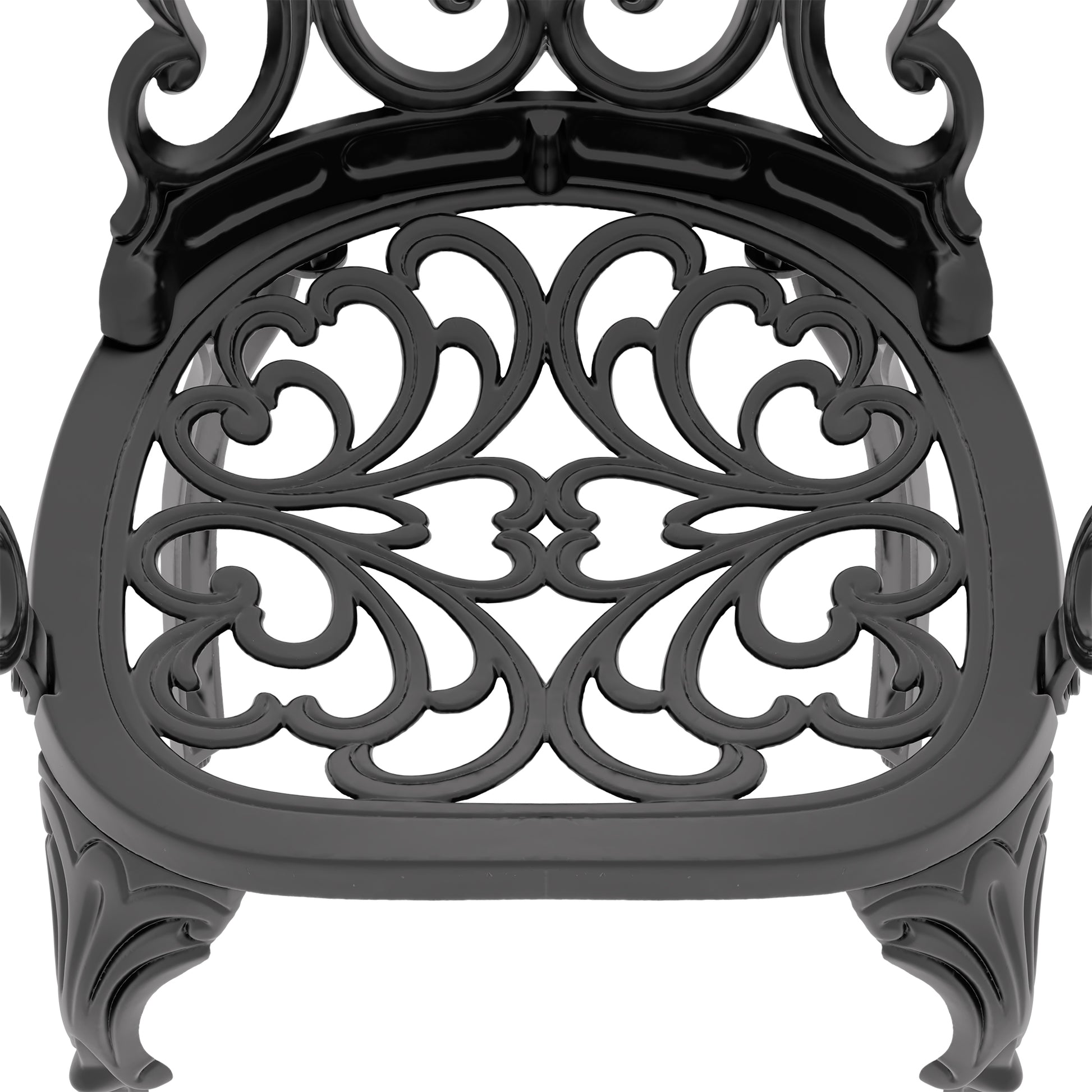 Black ornate cast iron bench seat with intricate scrollwork detailing