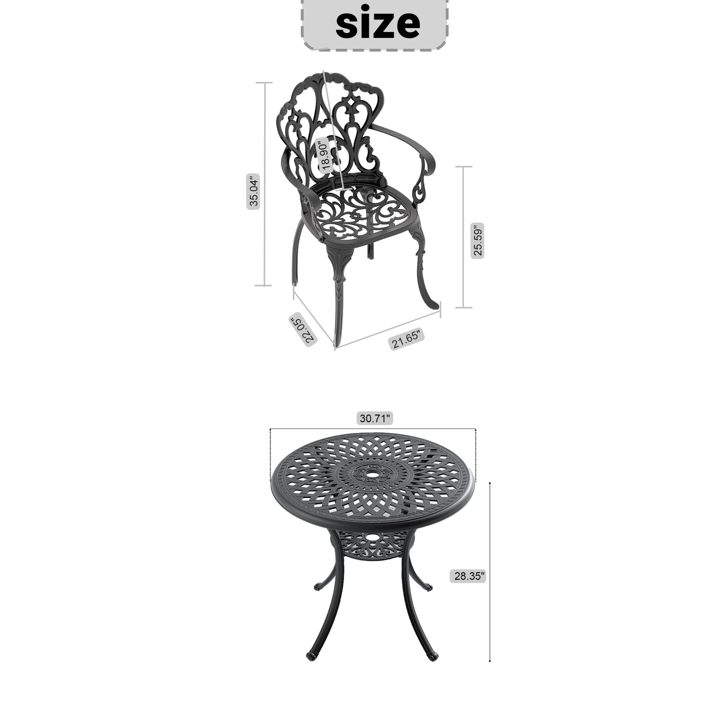 Ornate black cast aluminum patio chair with scrollwork design and detailed dimensions