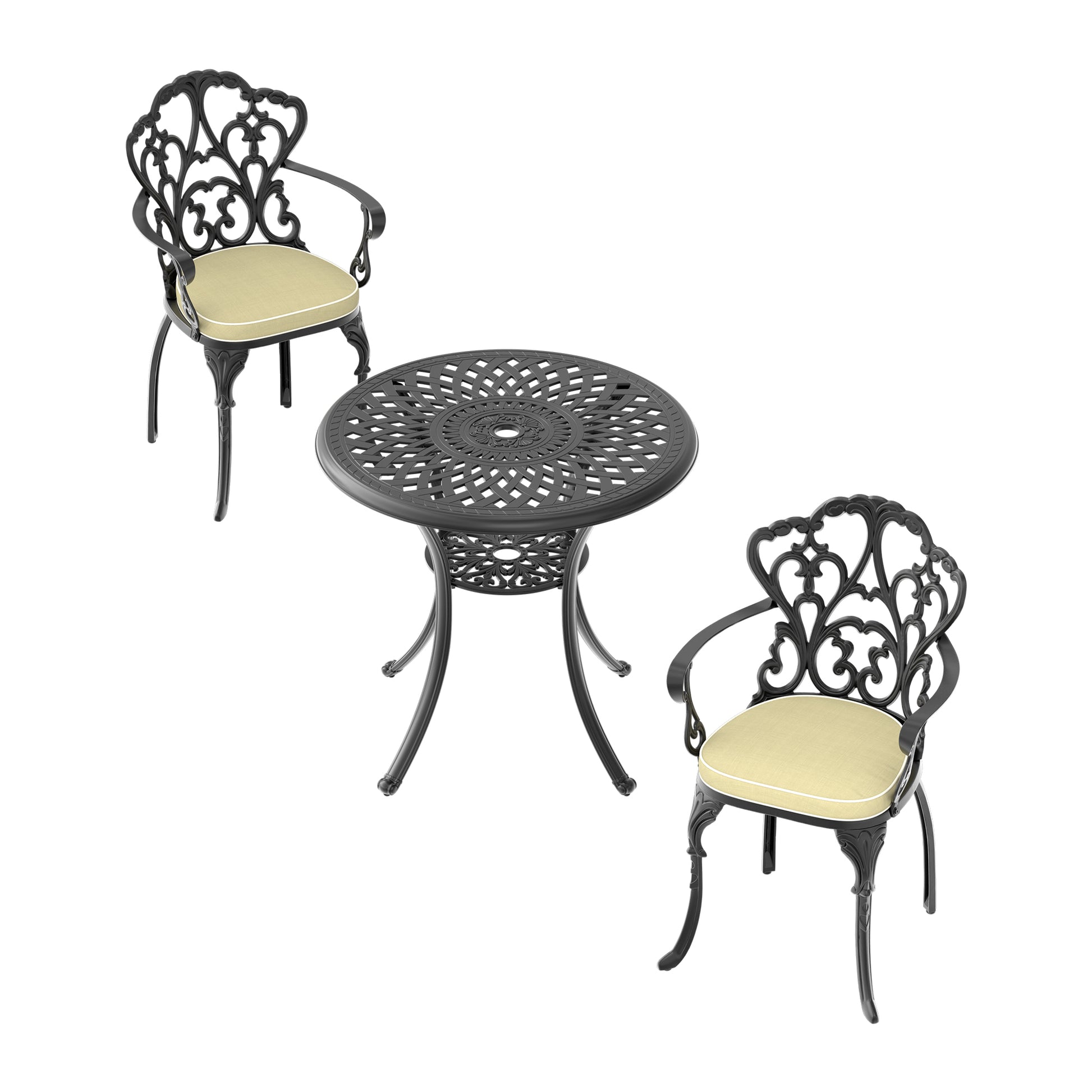 Ornate black cast iron patio set with beige cushions including a circular table and two chairs