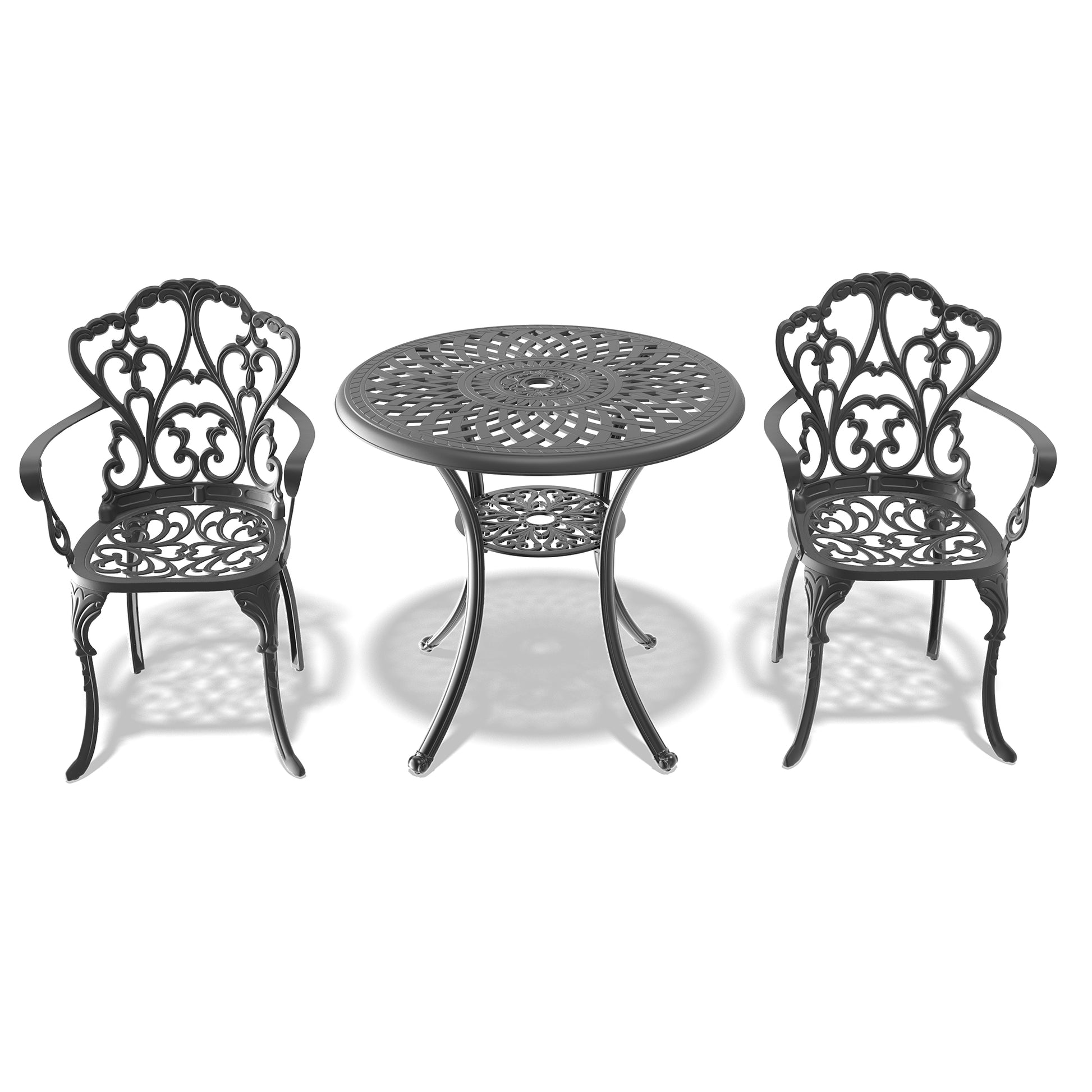 Black ornate cast aluminum bistro set with round table and two chairs