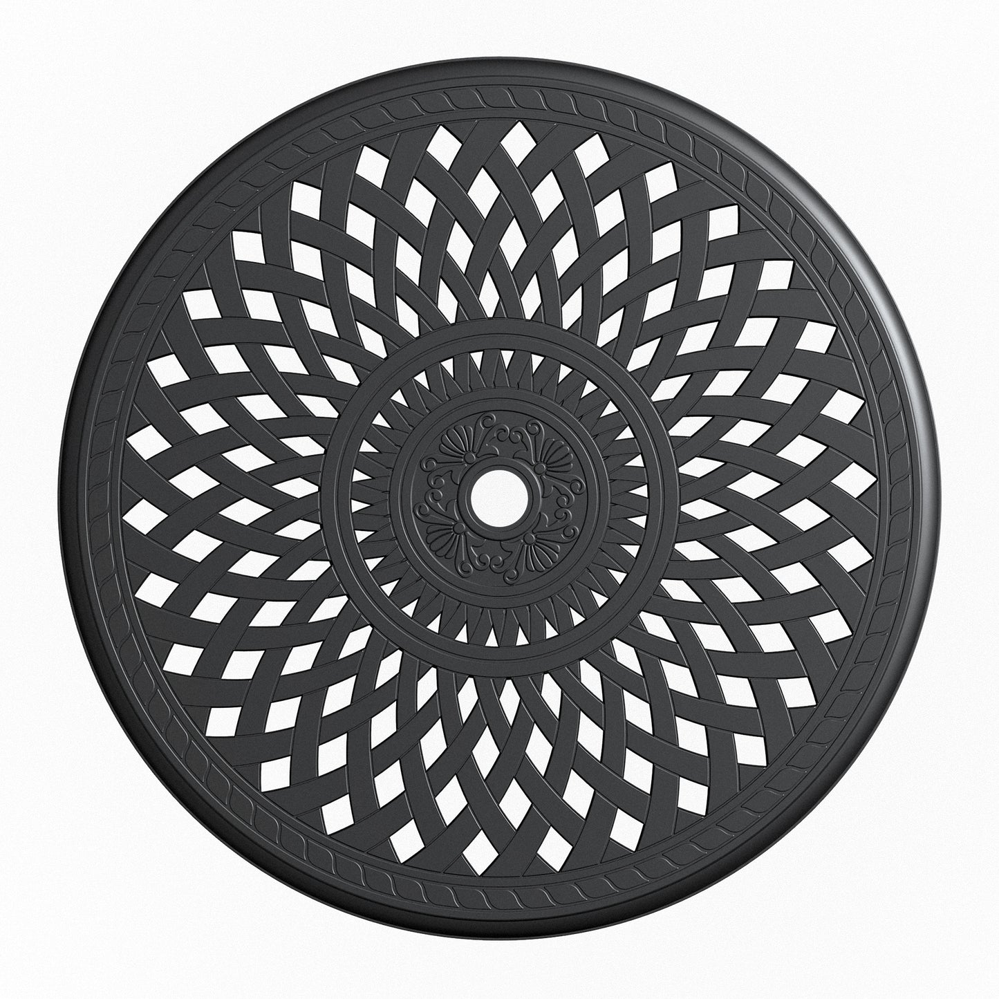 Black round cast aluminum patio tabletop with intricate lattice pattern and decorative center
