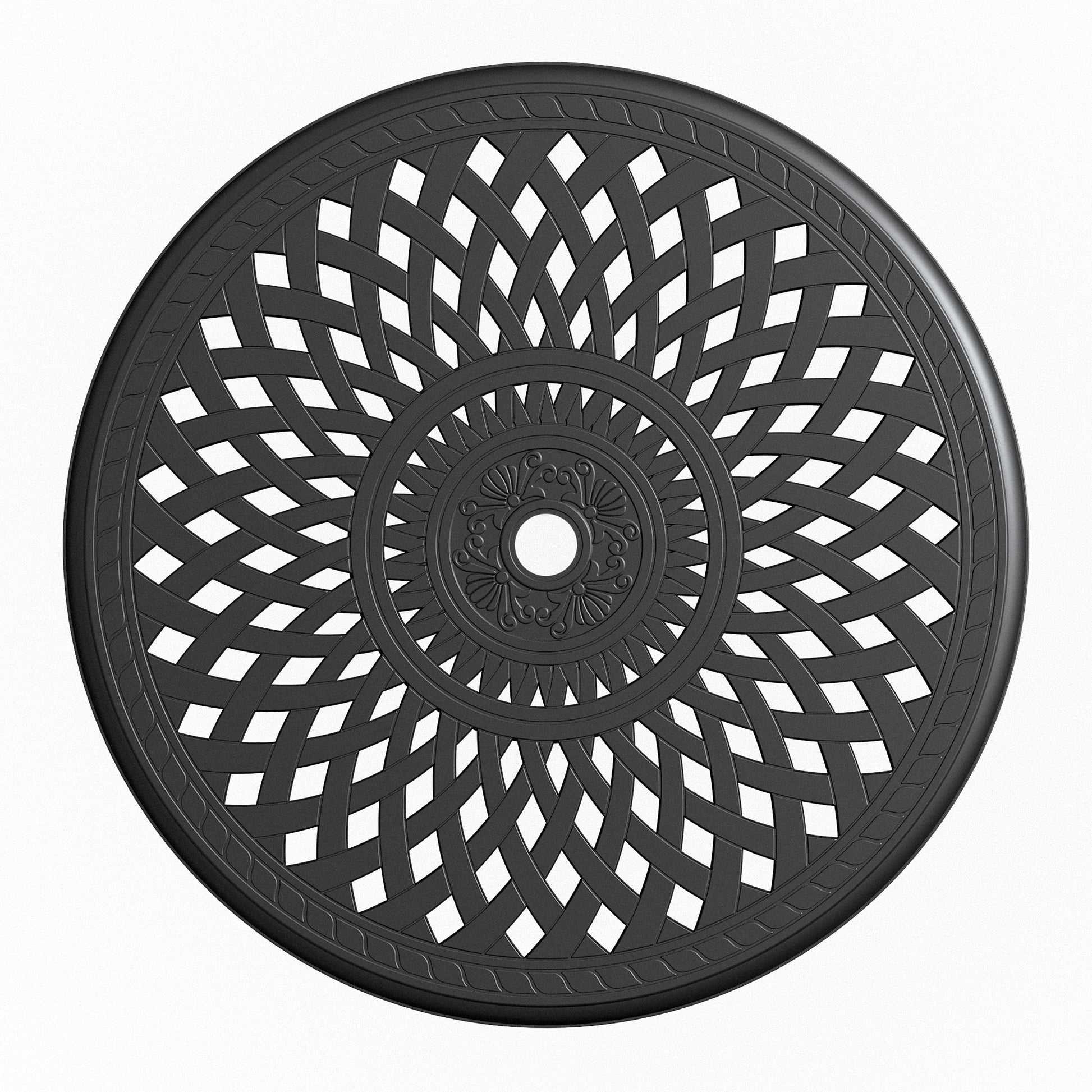 Black round cast aluminum patio tabletop with intricate lattice pattern and decorative center