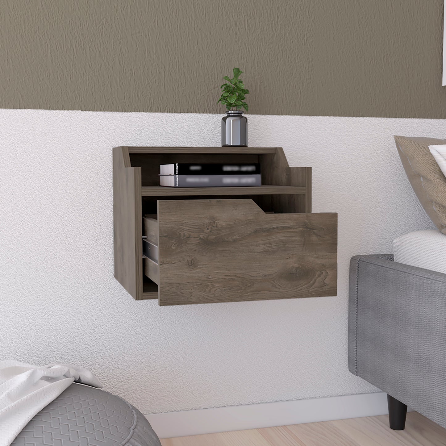 Floating nightstand with two drawers and a shelf