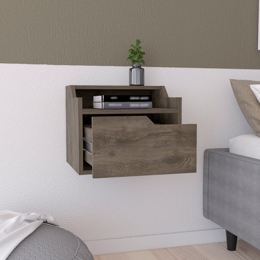 Floating nightstand with two drawers and a shelf
