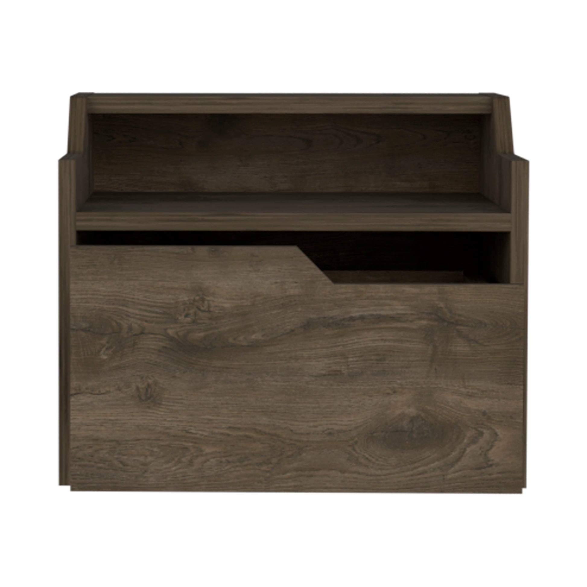 Dark oak effect bedside table with open shelf and drawer