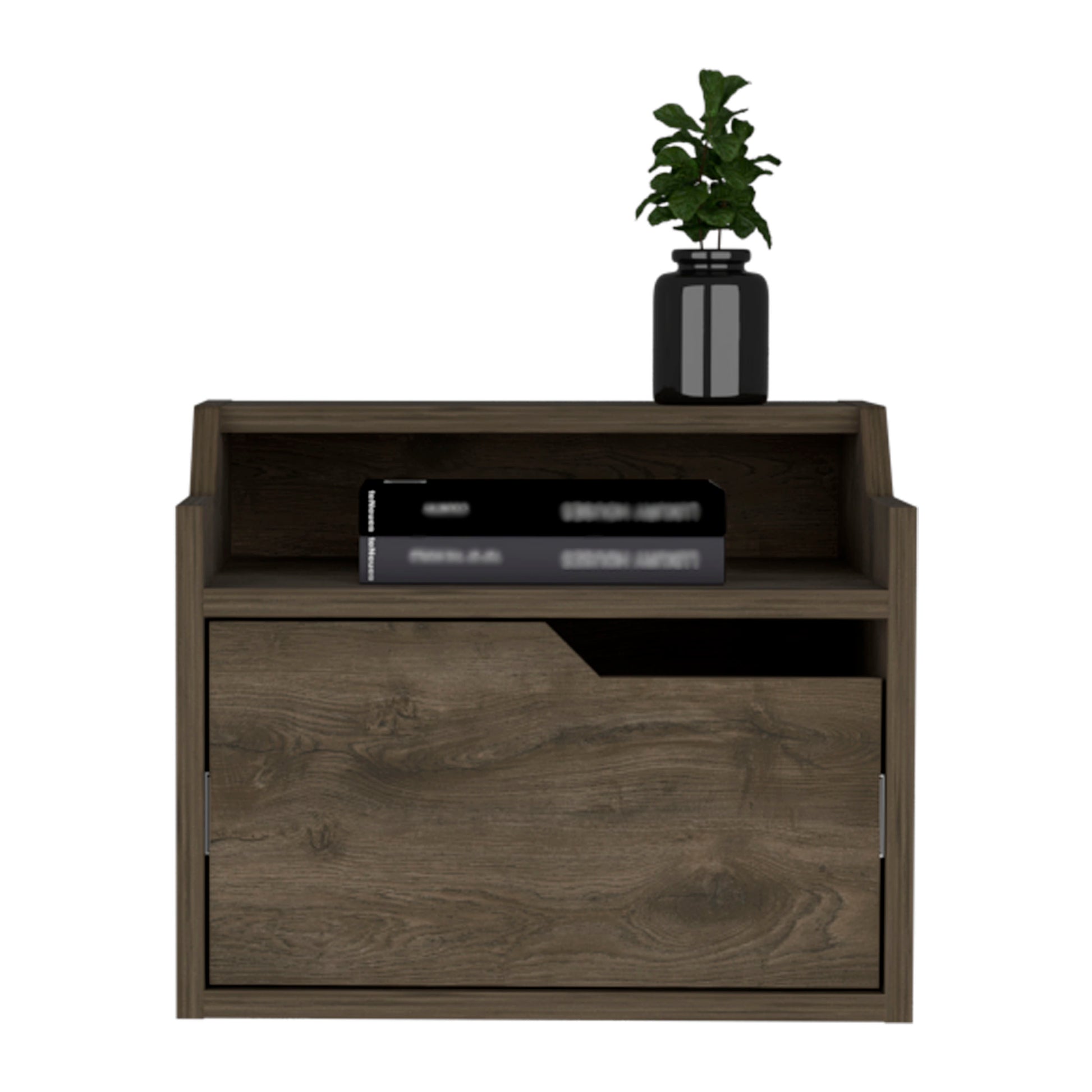 Modern dark wood bedside table with one drawer and open shelf