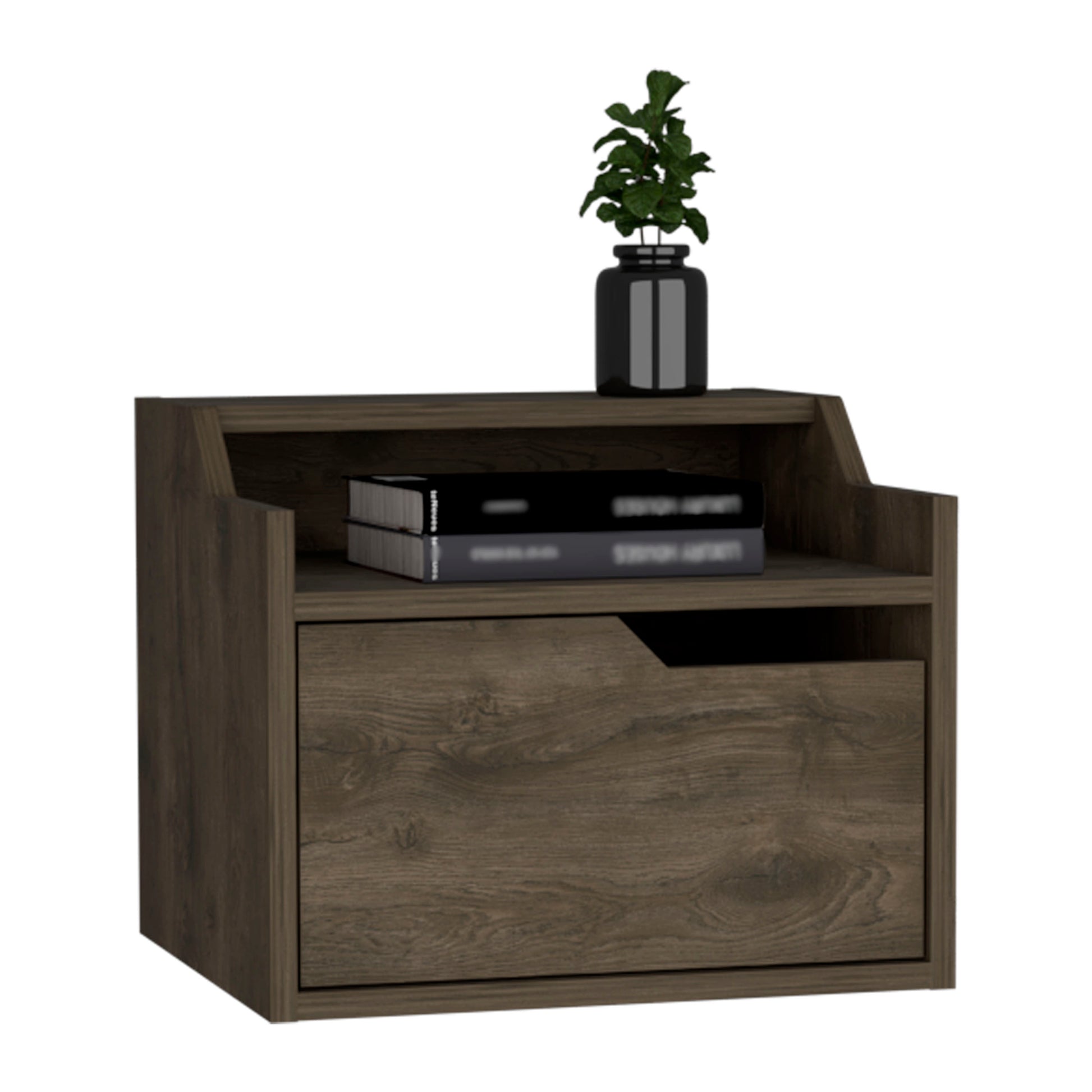 Dark wood nightstand with one drawer and open shelf