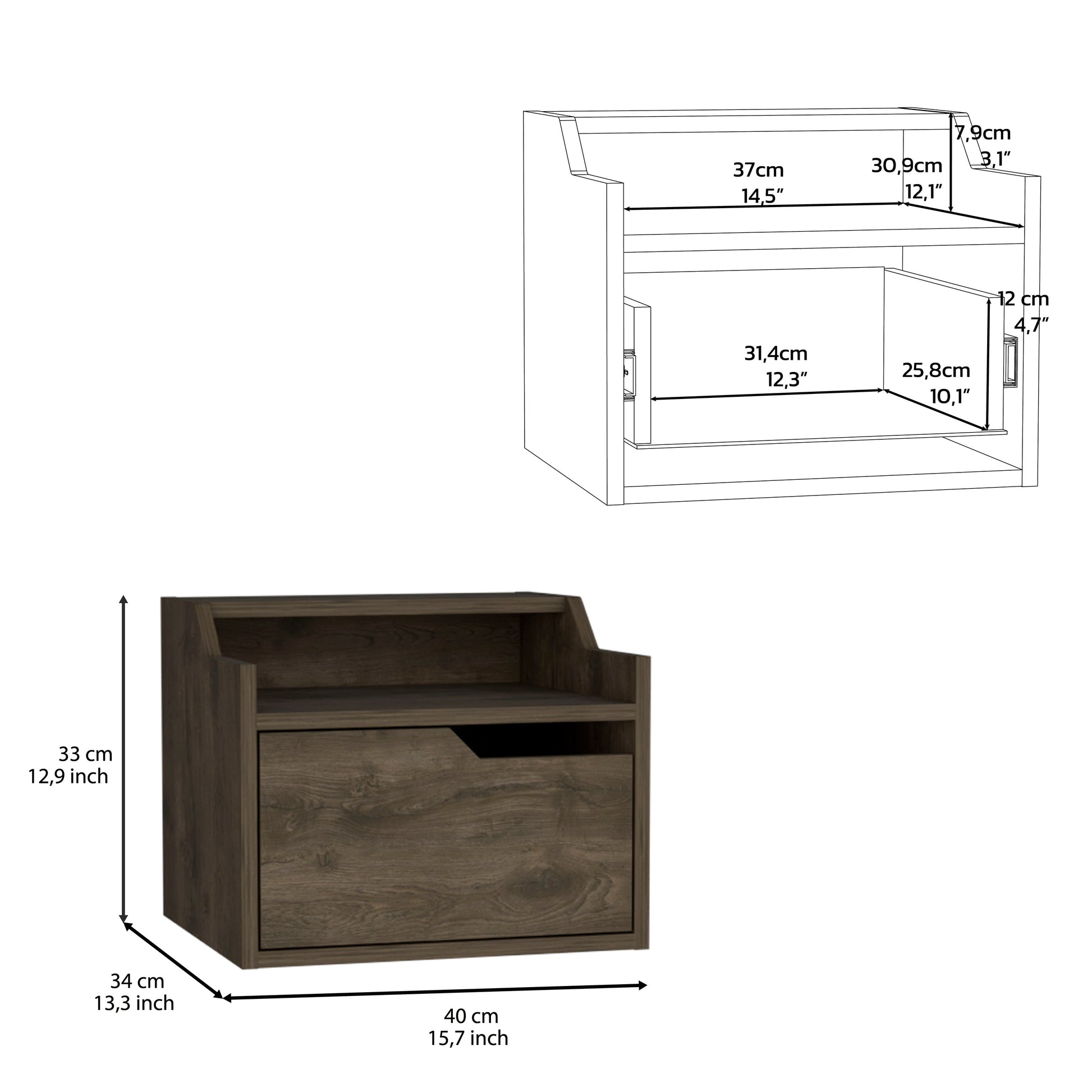 Dark wood bedside table with one drawer and open shelf
