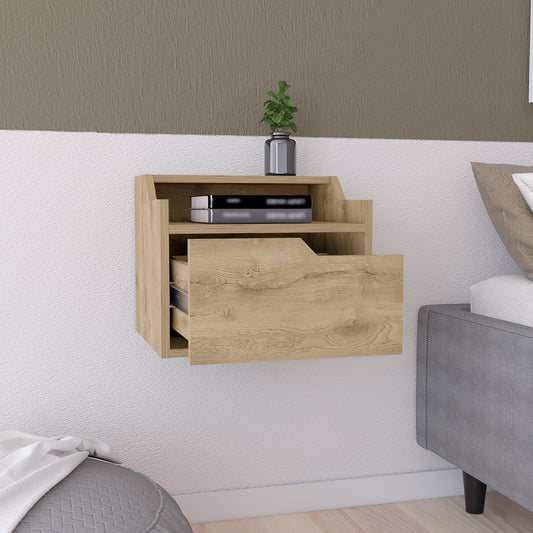 Floating wooden bedside table with open drawer and books