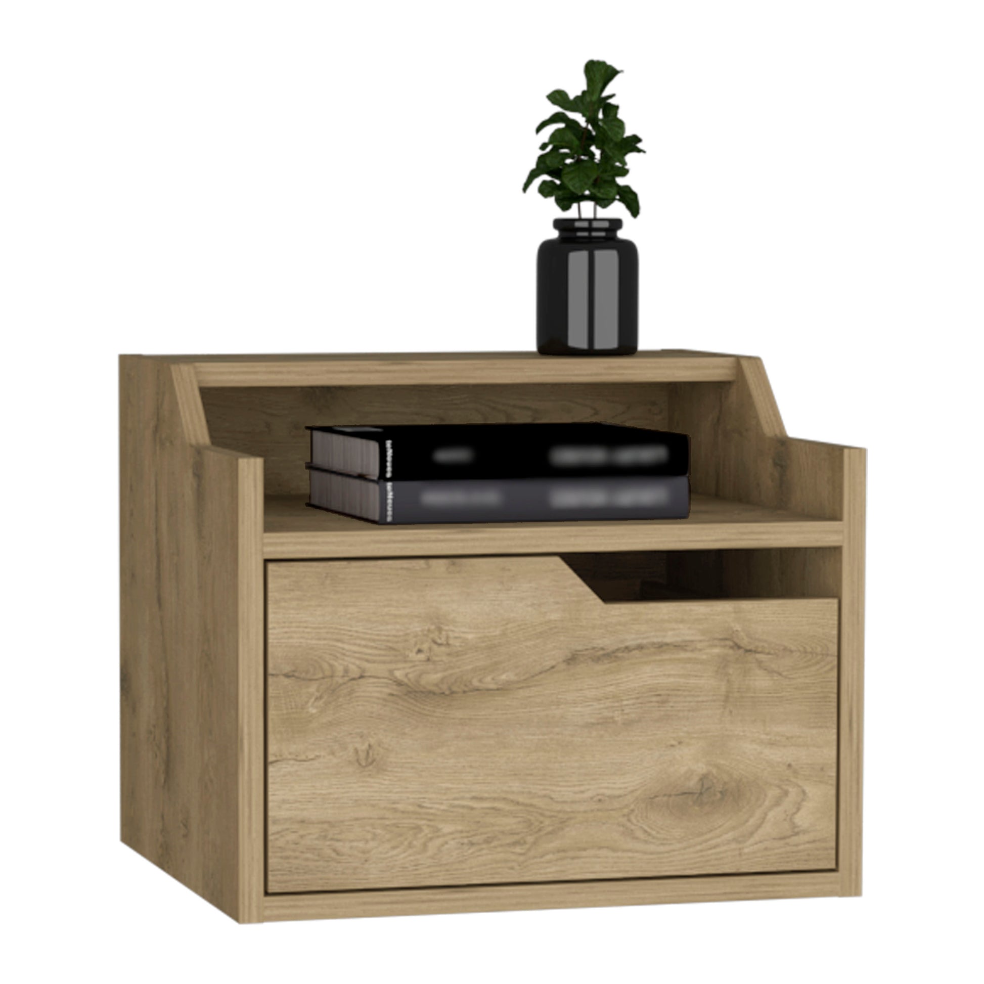 Modern oak bedside table with one drawer and open shelf