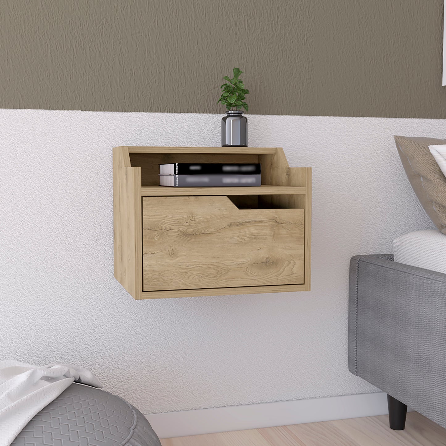 Light oak wood floating nightstand with drawer and open shelf