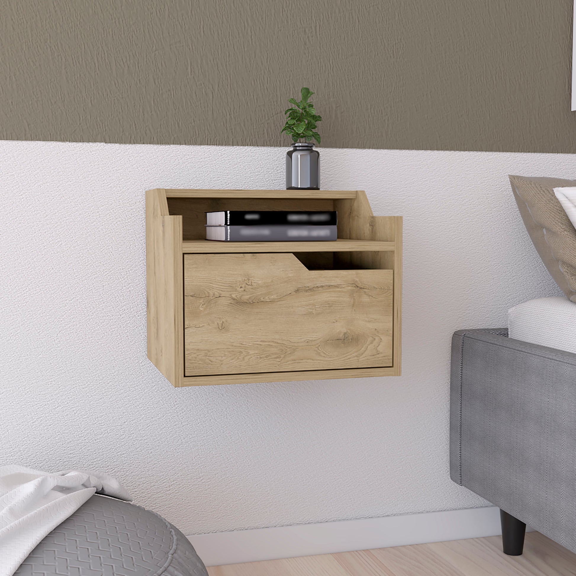 Light oak wood floating nightstand with drawer and open shelf