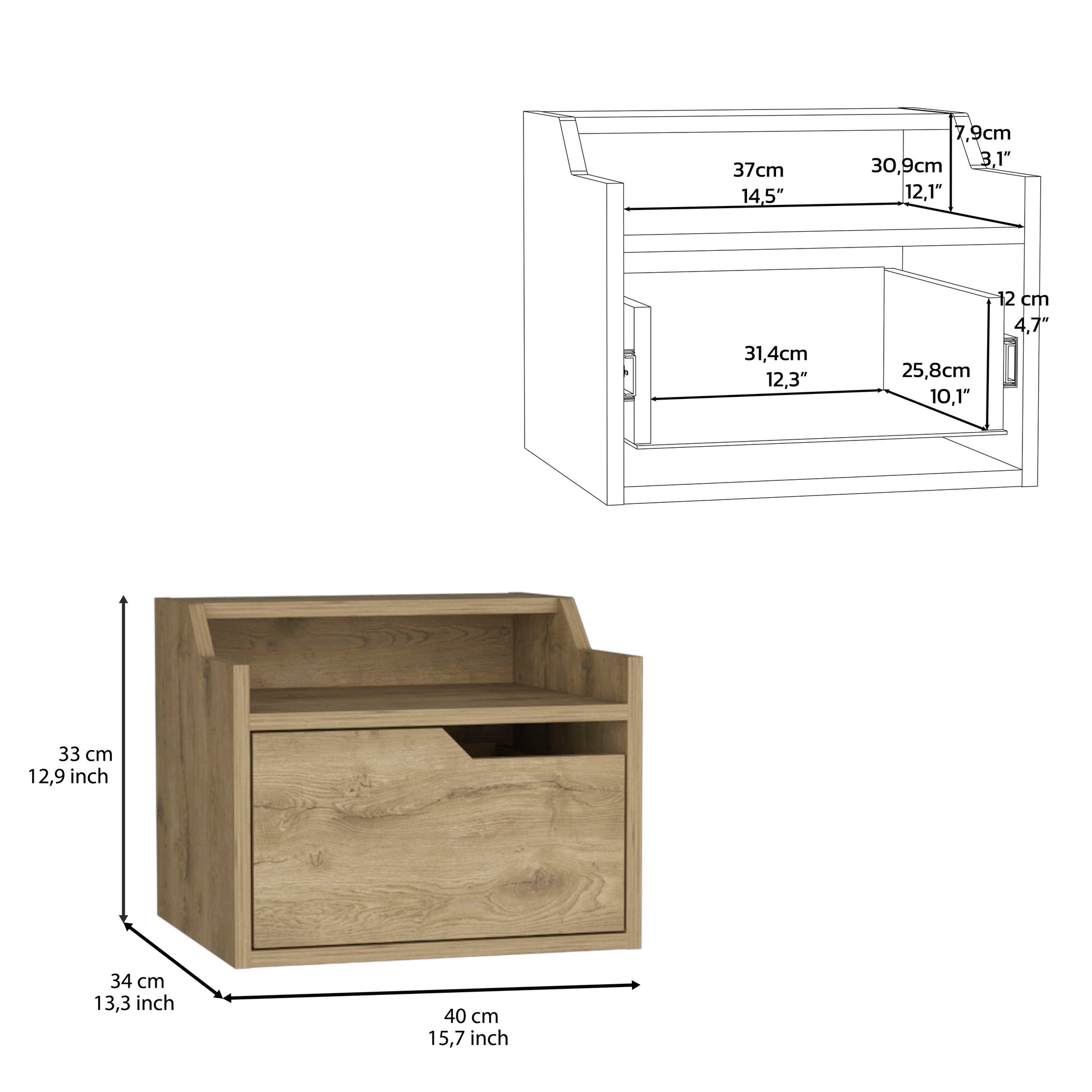 Brown woodgrain bedside table with one drawer and open shelf