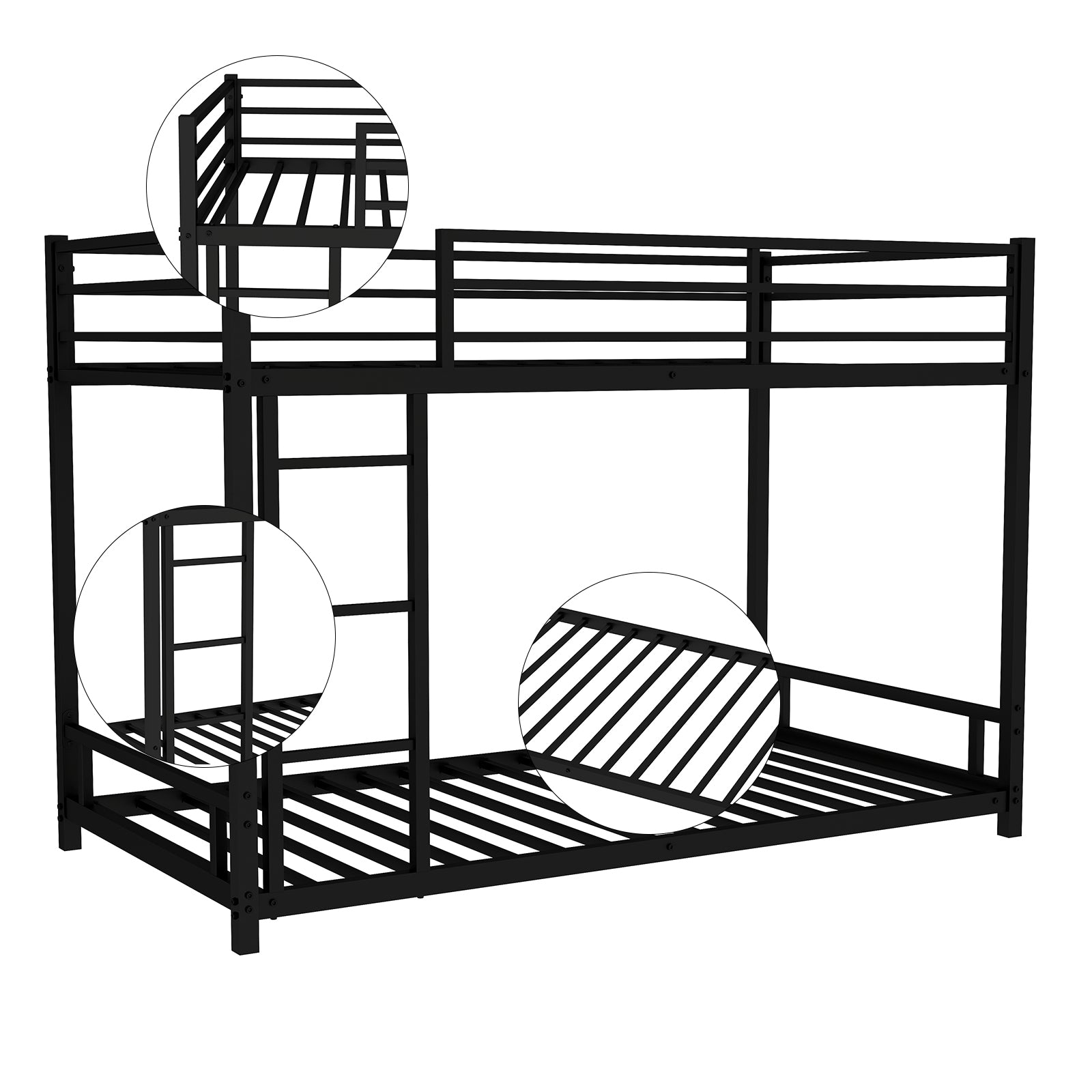 Black metal twin over twin bunk bed with ladder and railings for spacesaving sleep