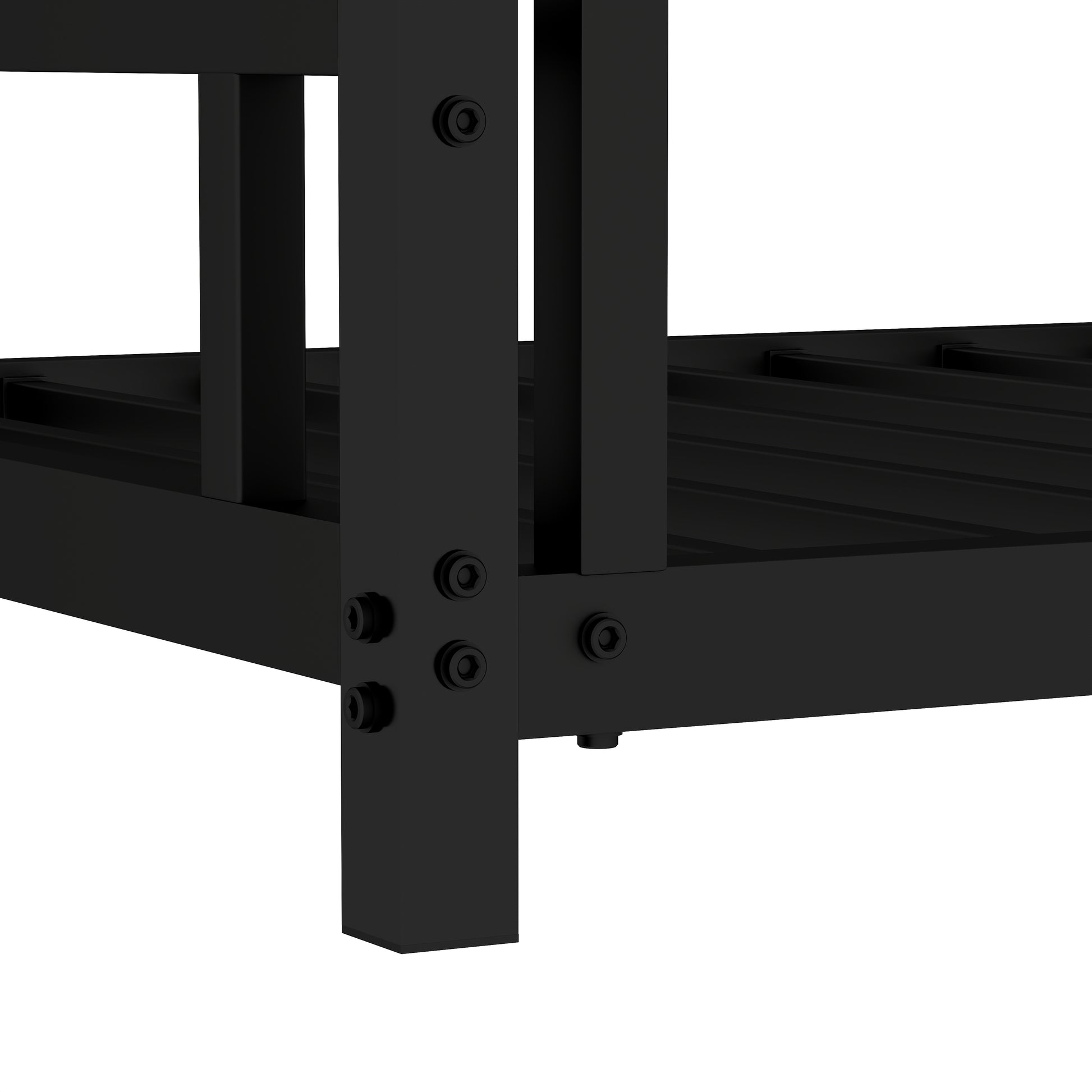 Closeup of black metal bed frame leg with visible hex bolts