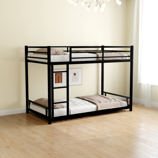 Black metal bunk bed with twin mattresses and beige blankets