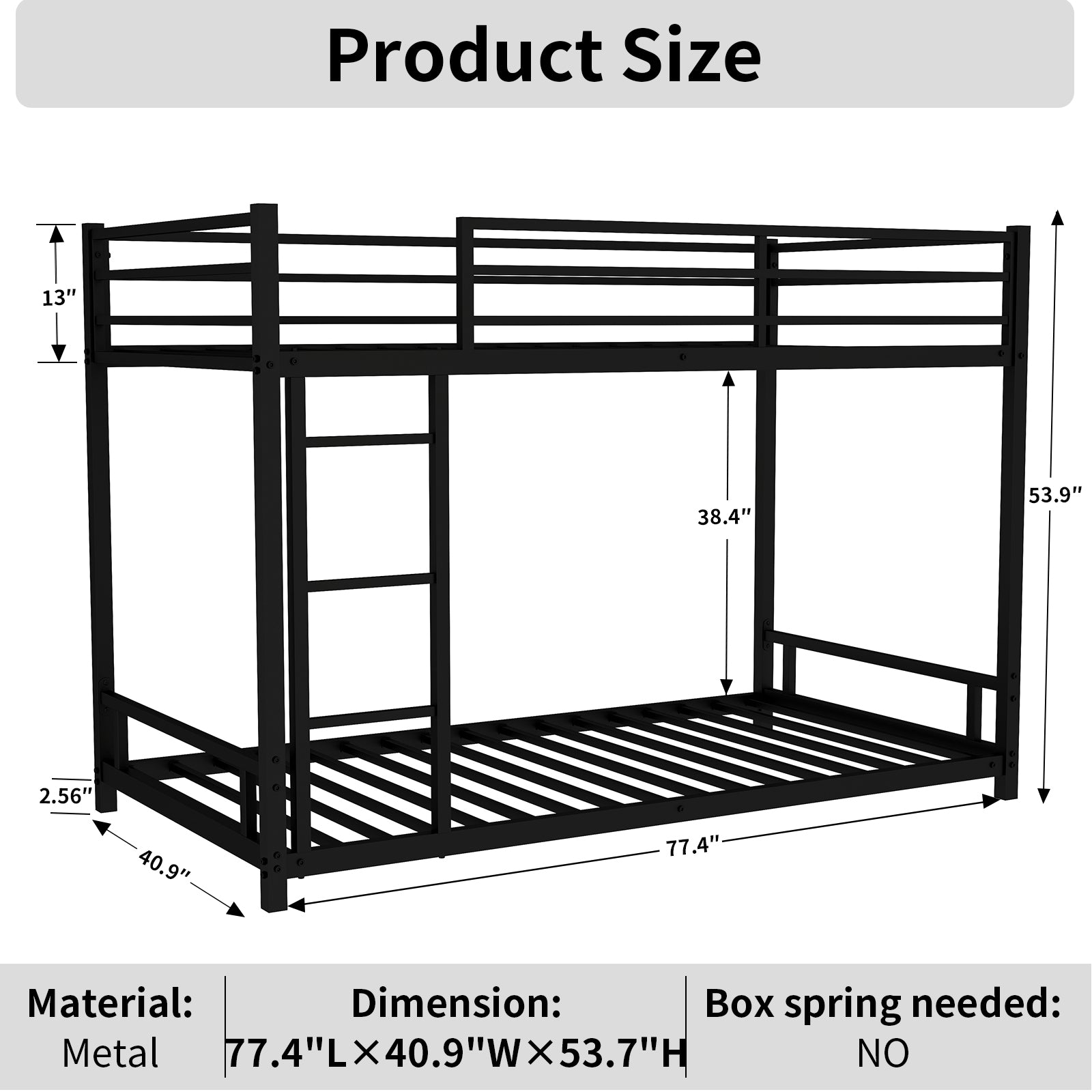 Black metal twin over twin bunk bed with integrated ladder and safety rails