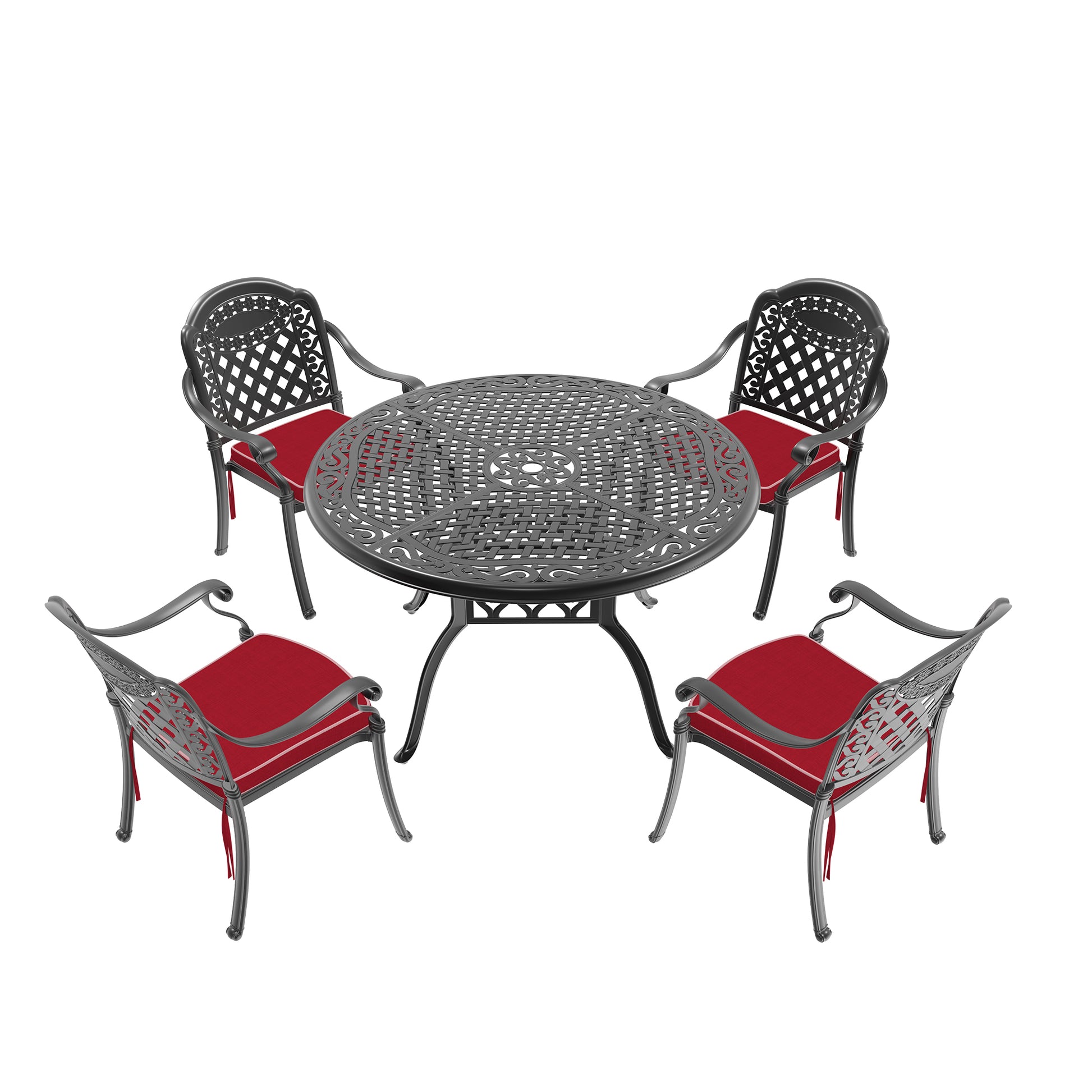 Ornate cast aluminum patio dining set with red cushions featuring a round table and four chairs