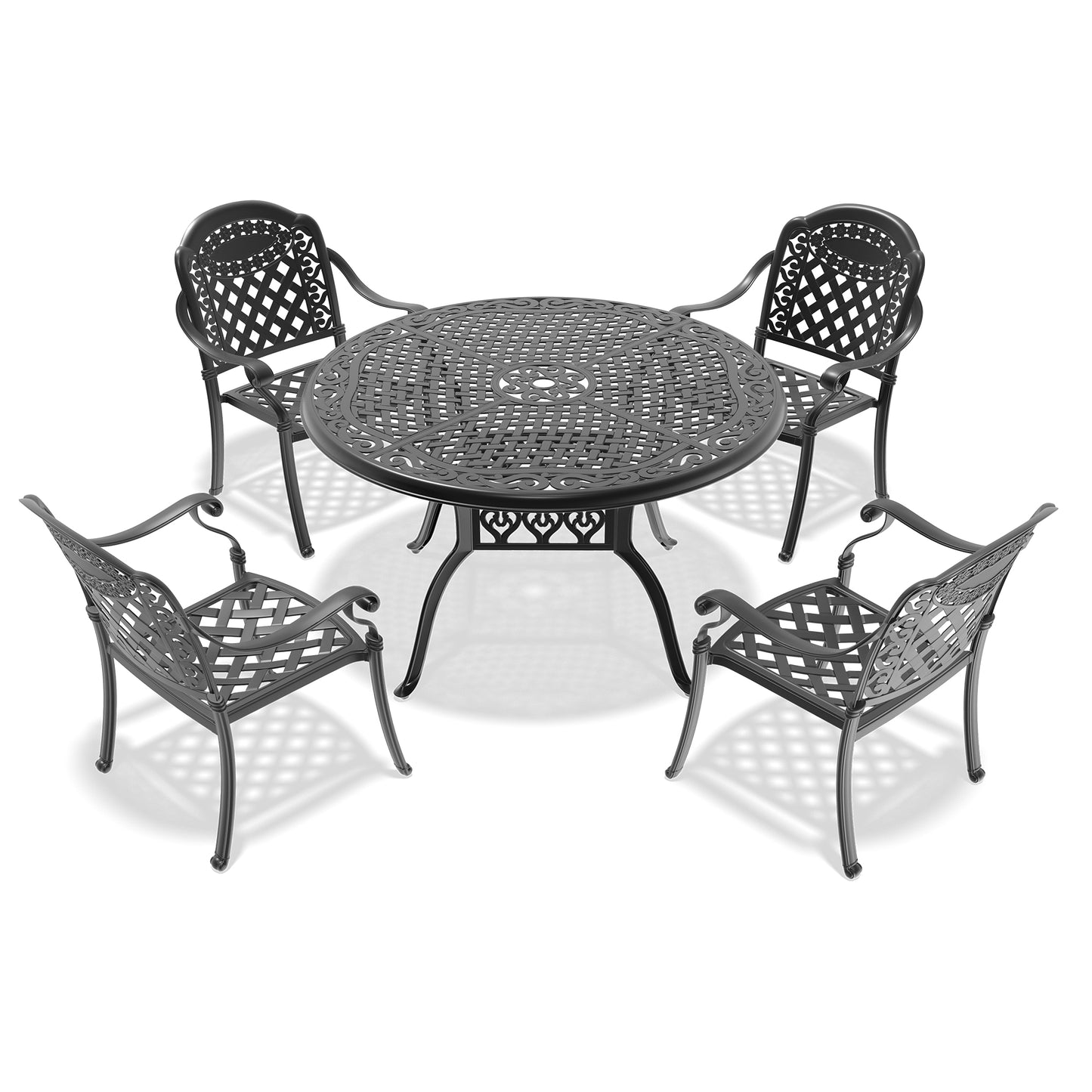 Black ornate cast aluminum bistro set with round table and four chairs for outdoor dining