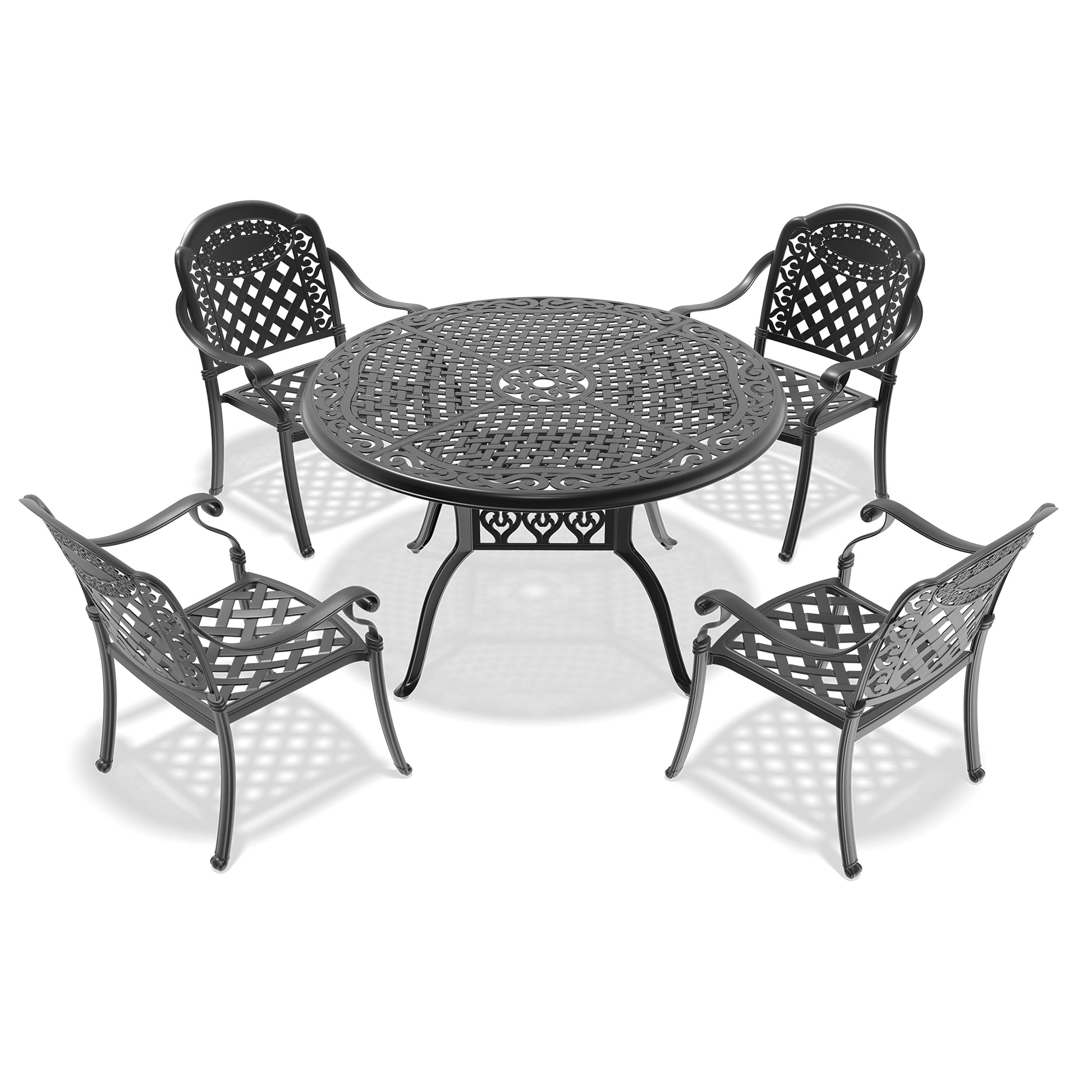 Black ornate cast aluminum bistro set with round table and four chairs for outdoor dining