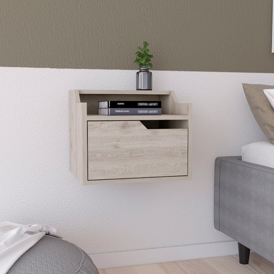 Light wood floating nightstand with drawer and open shelf