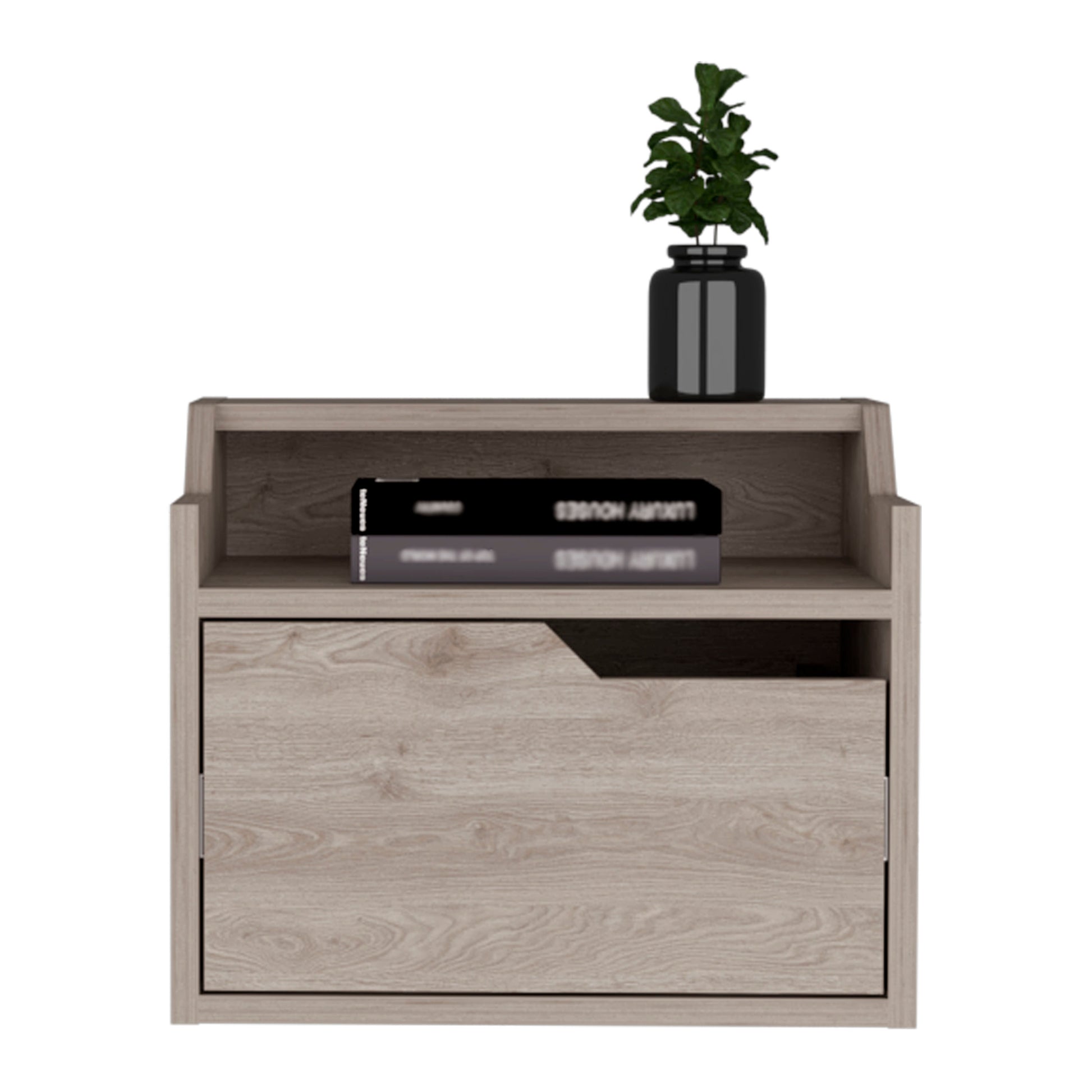 Light oak veneer bedside table with open shelf and drawer