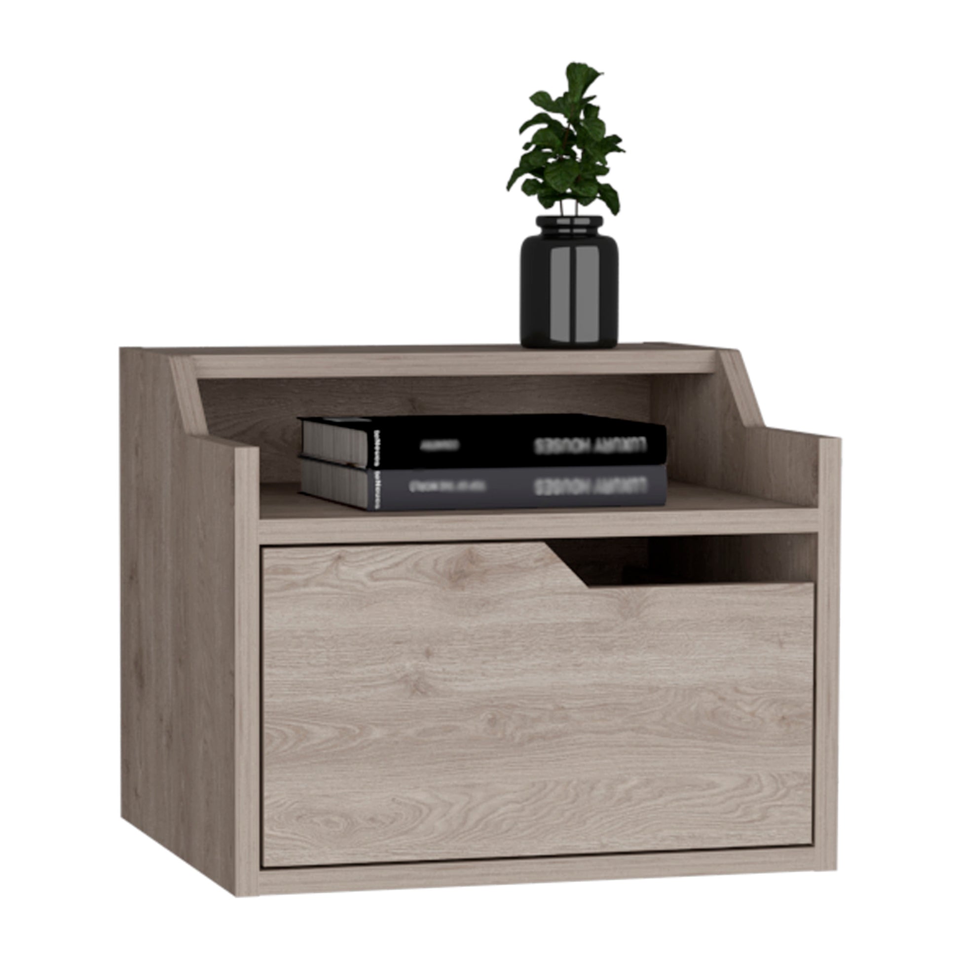 Modern light oak effect bedside cabinet with a drawer and open shelf
