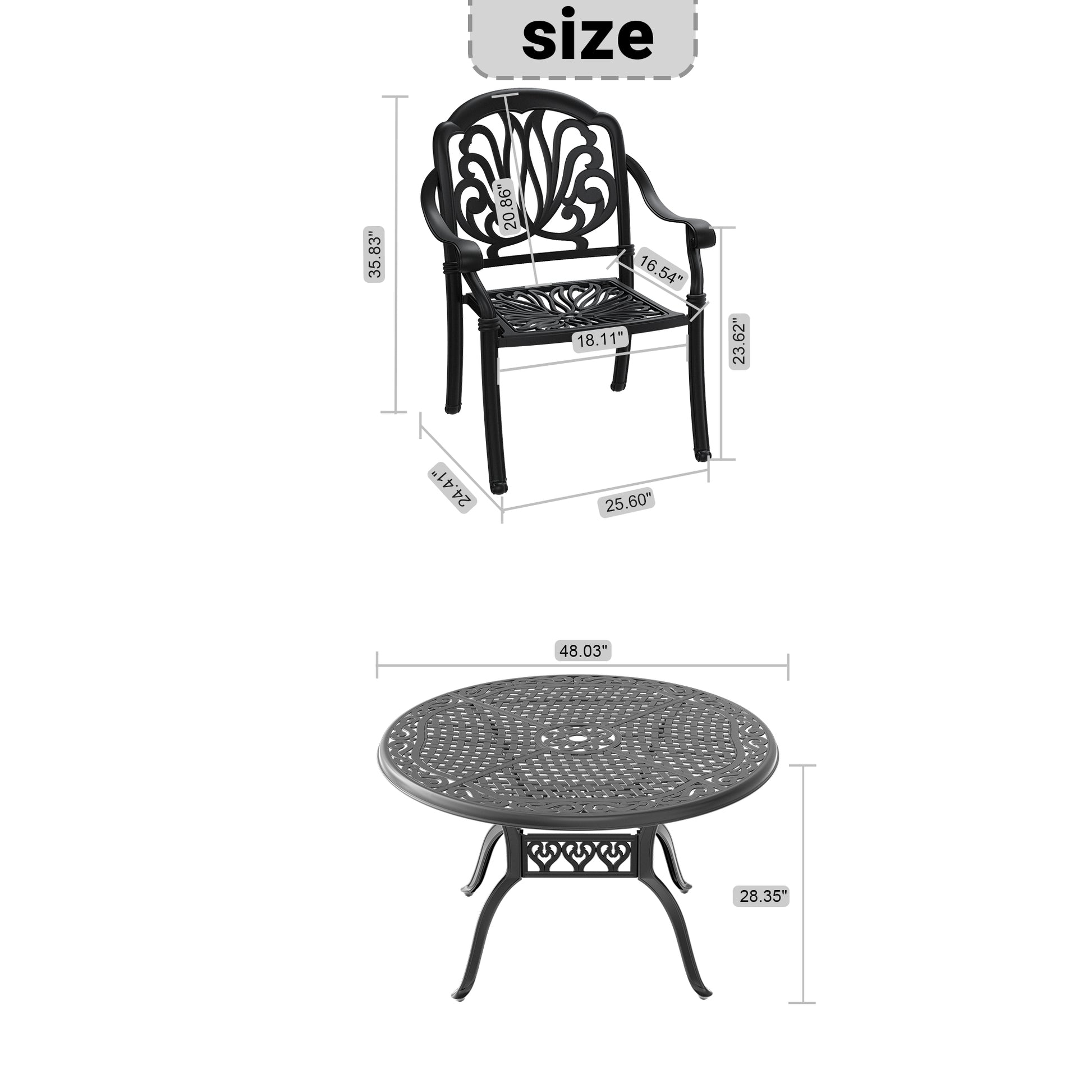 Black cast aluminum patio chair with ornate floral back design  H