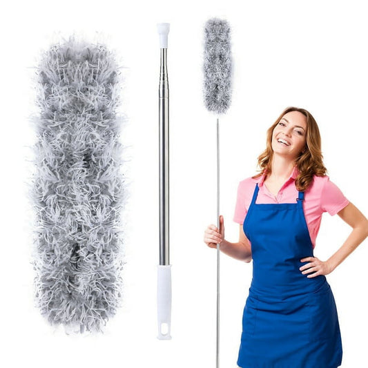 Fluffy gray microfiber duster with extendable silver handle for easy cleaning