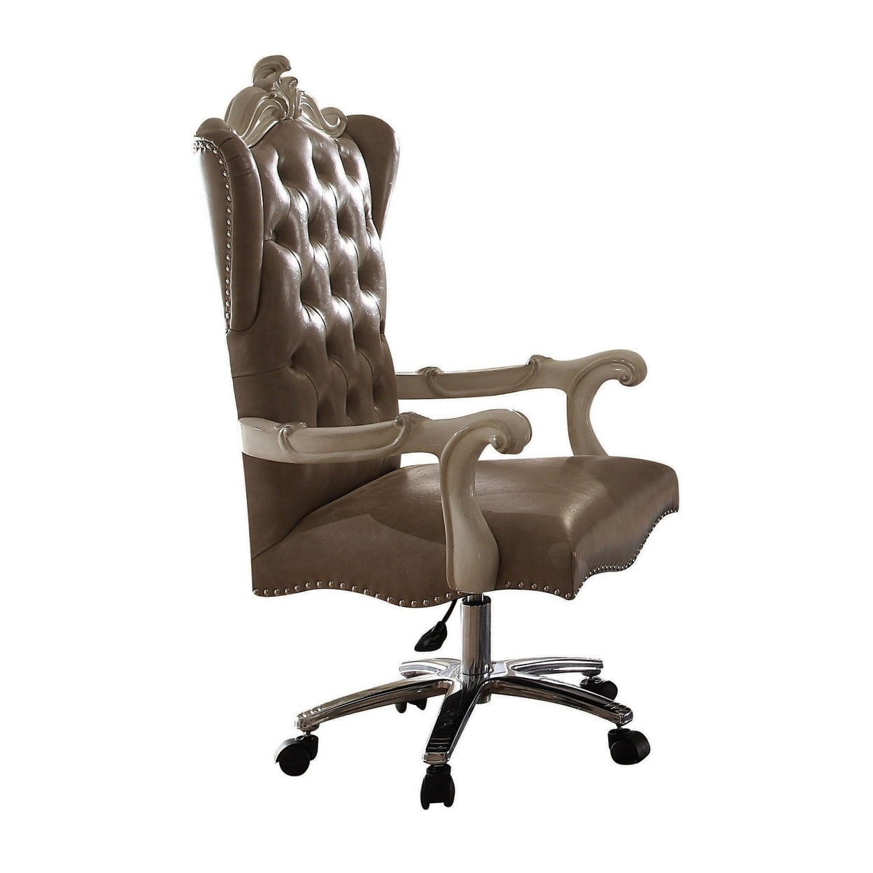 Brown tufted leather executive chair with ornate ivory arms