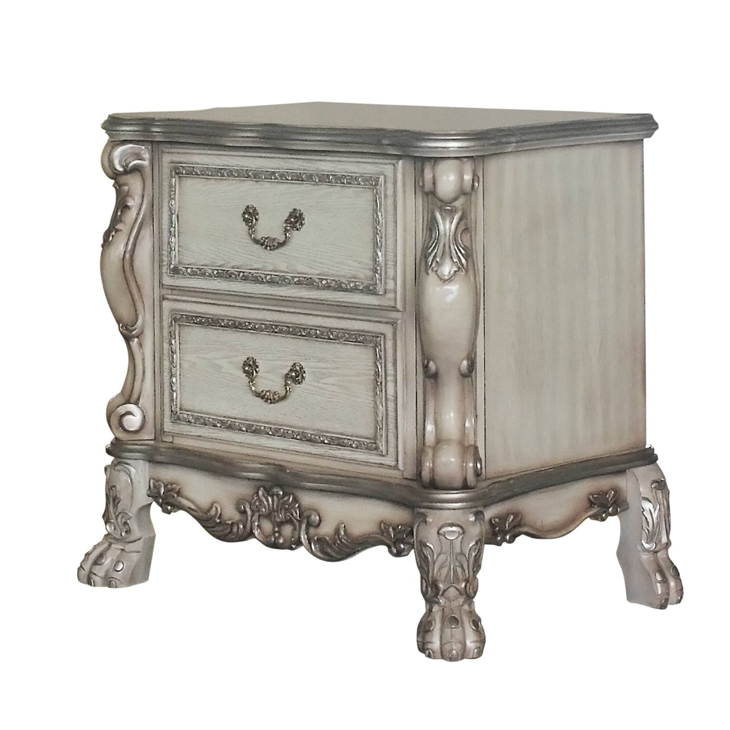 Creamy white ornate nightstand with two drawers and silver hardware