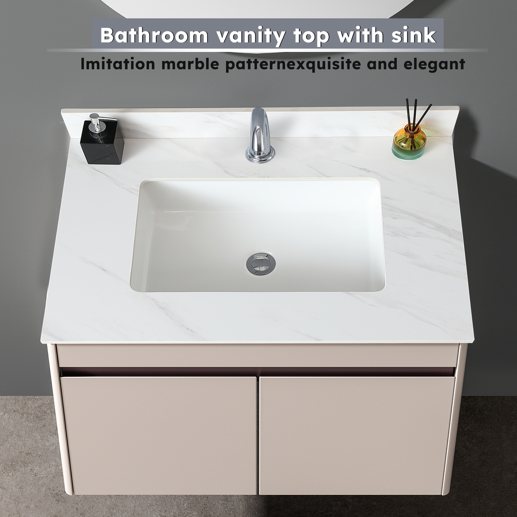 Modern bathroom vanity top with integrated white sink and subtle marble pattern