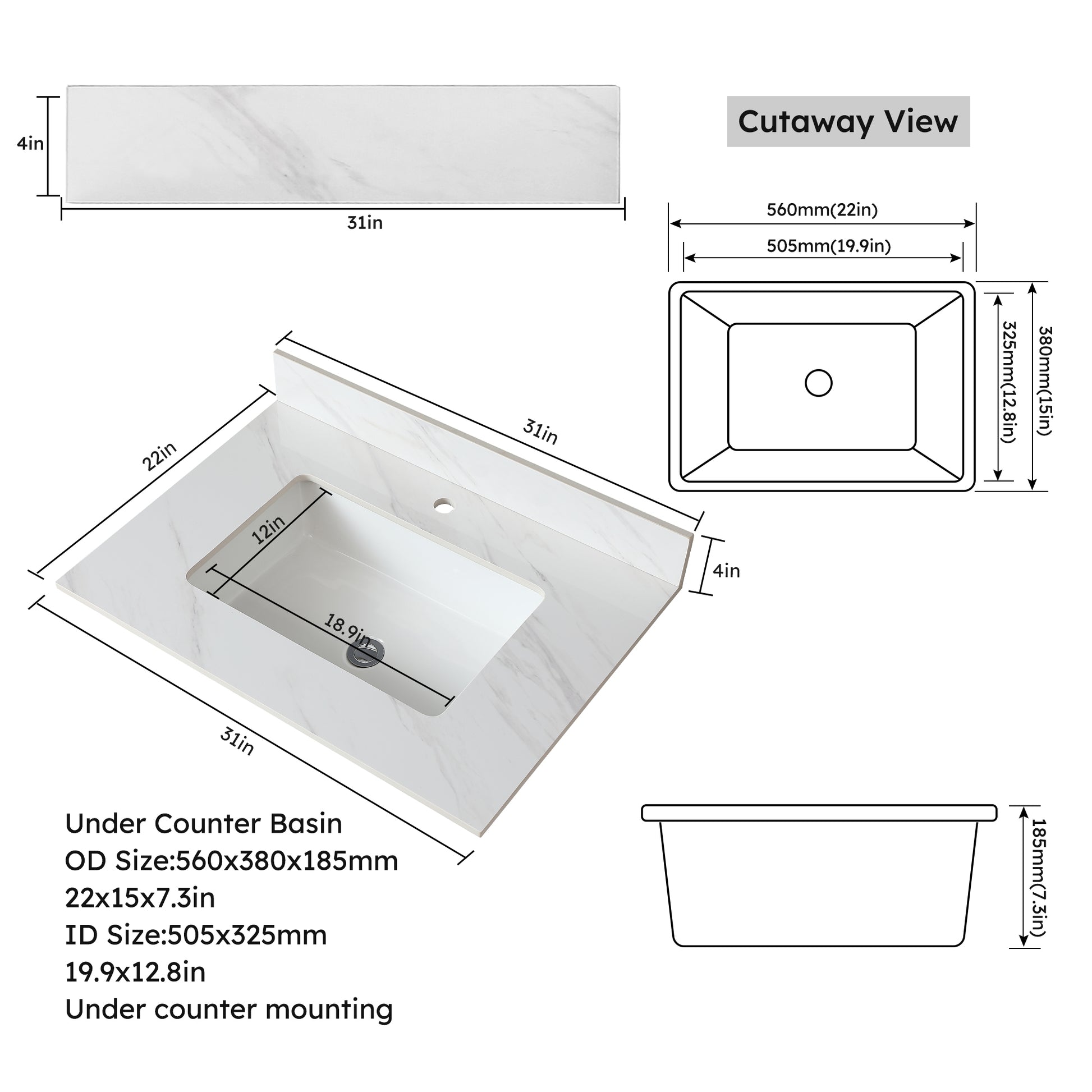 inch white marble vanity top with integrated undermount basin
