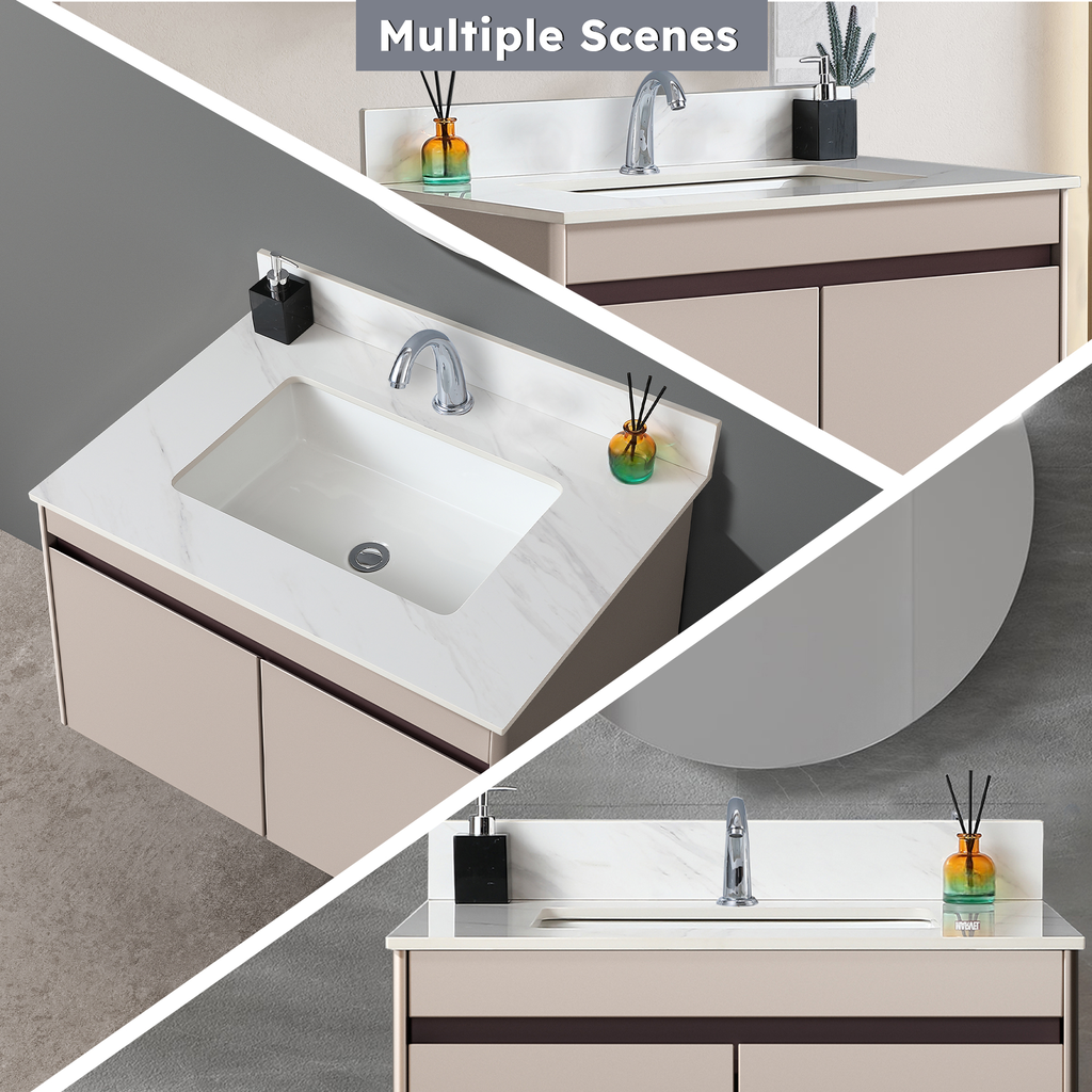 Modern beige bathroom vanity with integrated white sink and chrome faucet