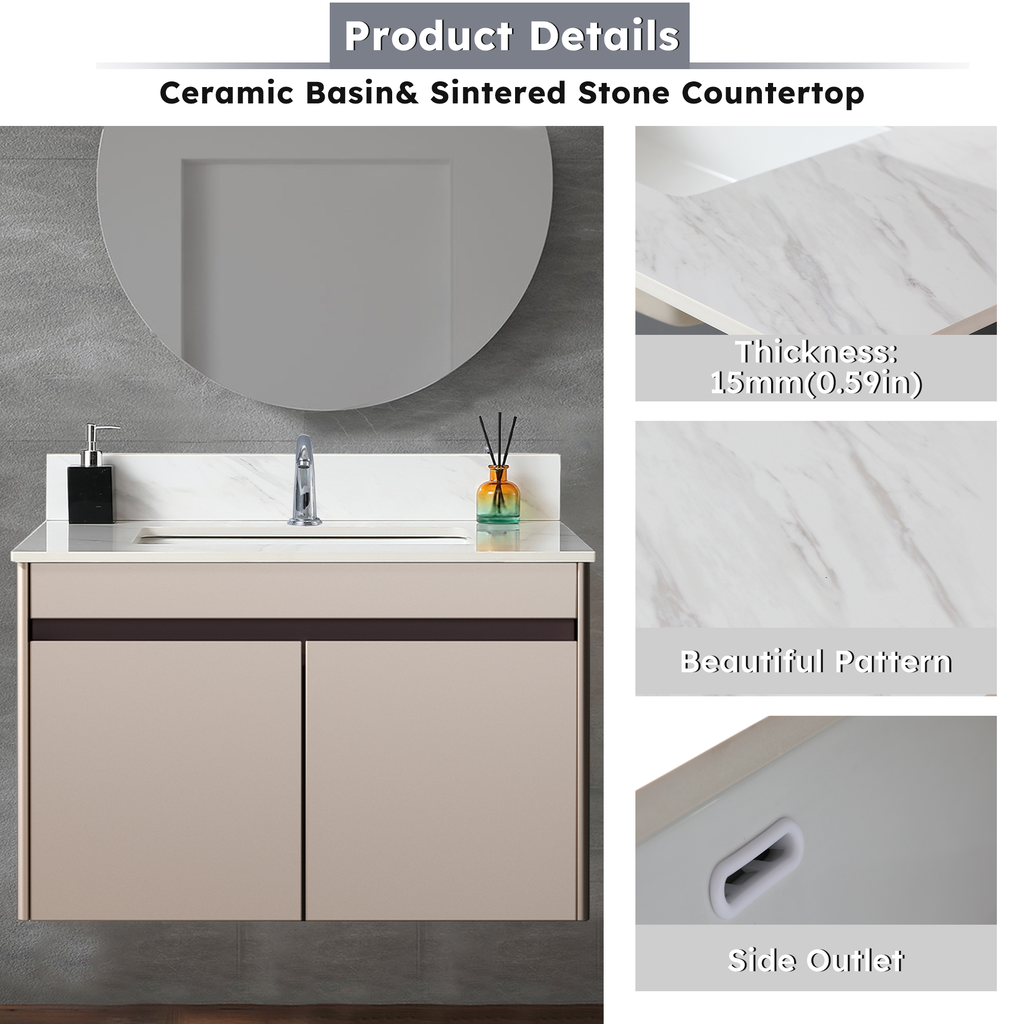 Floating bathroom vanity with beige cabinet ceramic basin and white sintered stone countertop