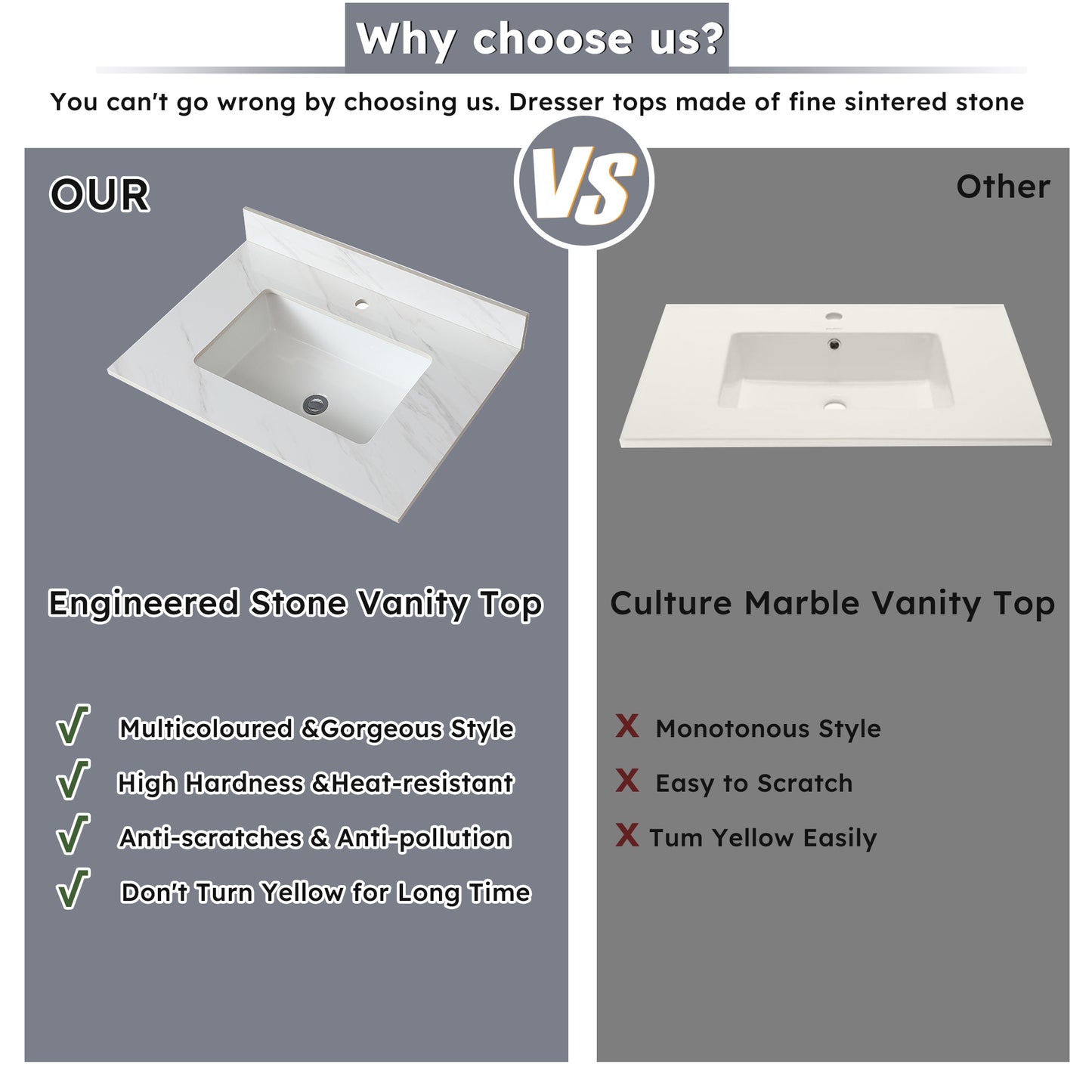 Engineered stone vanity top with integrated sink white with subtle grey veining elegant design