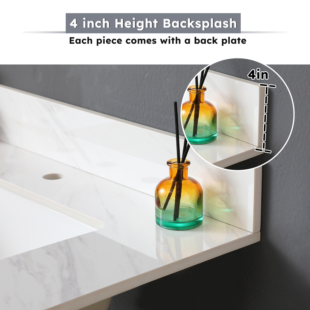 White marble vanity top with a inch height backsplash featuring a modern bathroom design