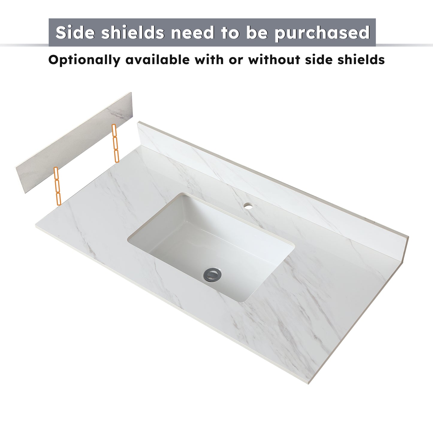 White marble vanity top with integrated sink and single faucet hole