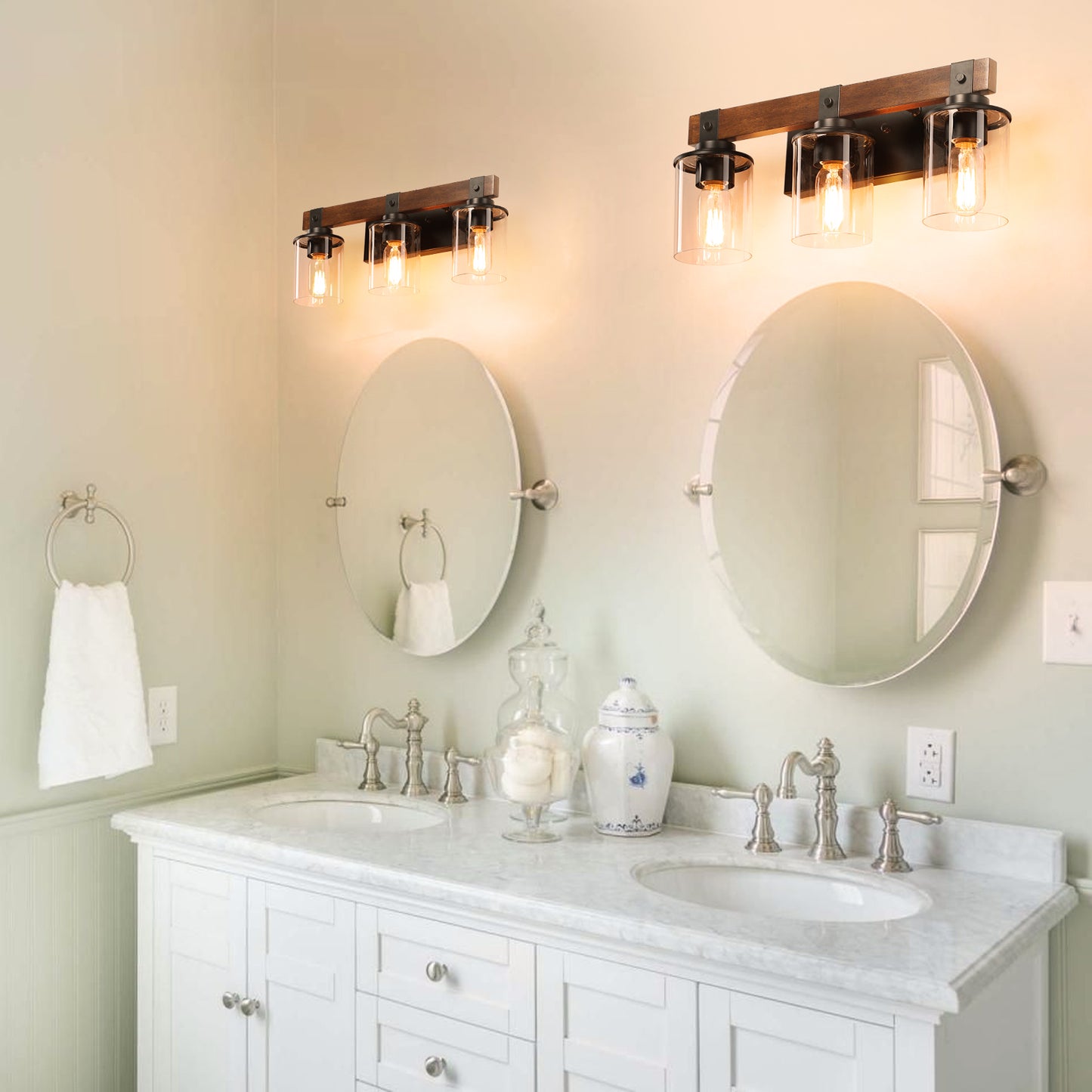 Rustic threelight vanity light with wooden beam and clear glass shades