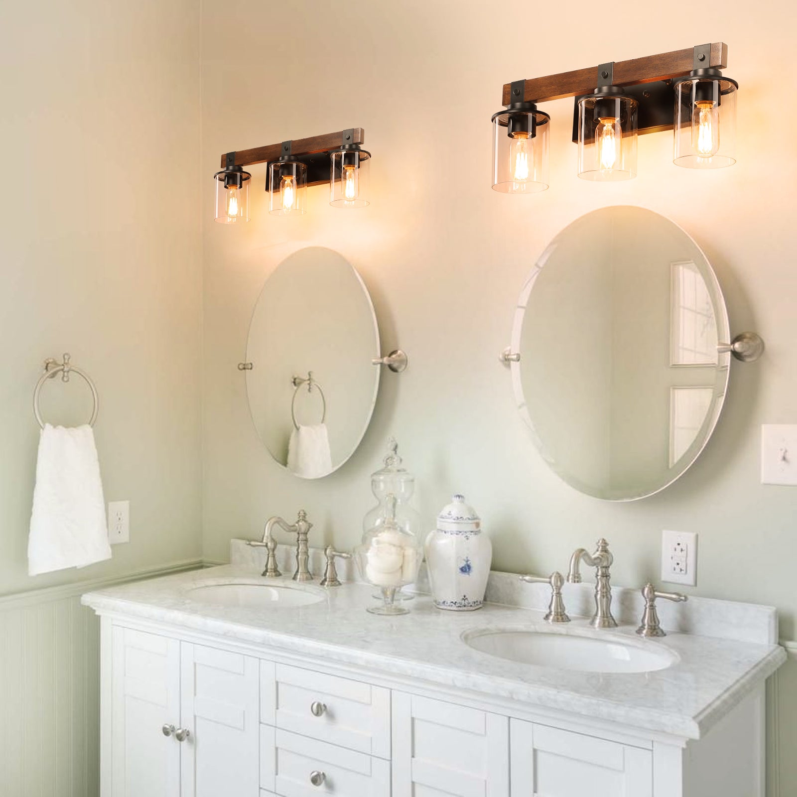 Rustic threelight vanity light with wooden beam and clear glass shades