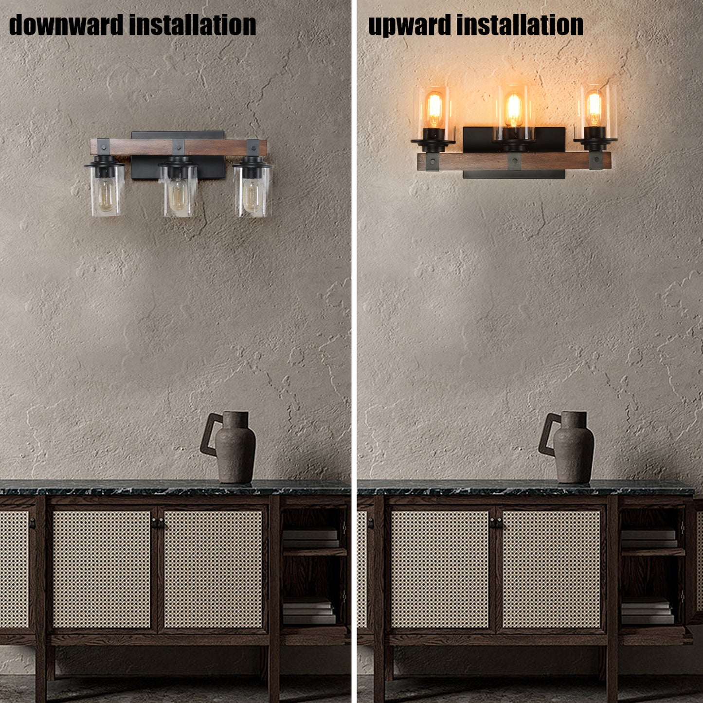 Rustic barn wood vanity light with three clear glass shades black metal accents