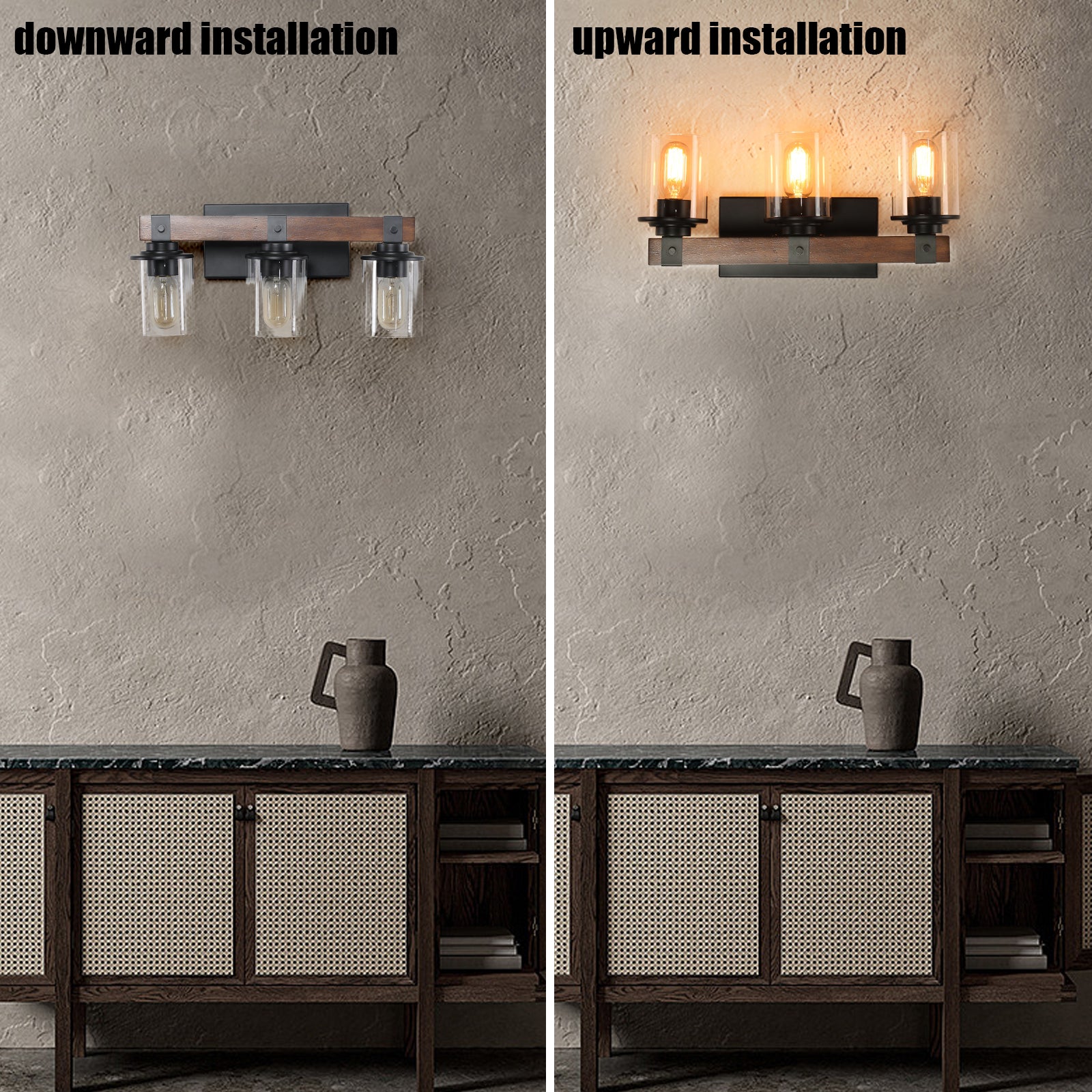 Rustic barn wood vanity light with three clear glass shades black metal accents