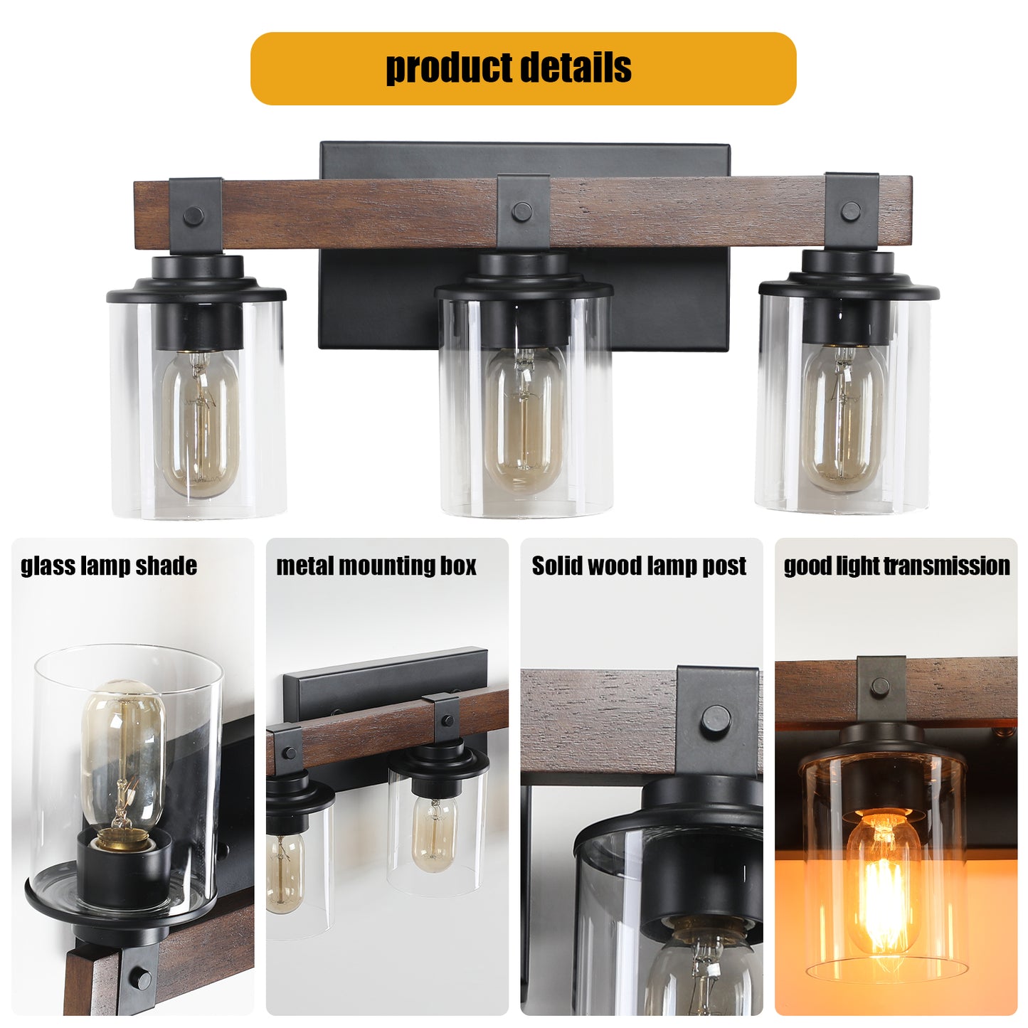 Rustic farmhouse vanity light with three clear glass shades and dark wood accents