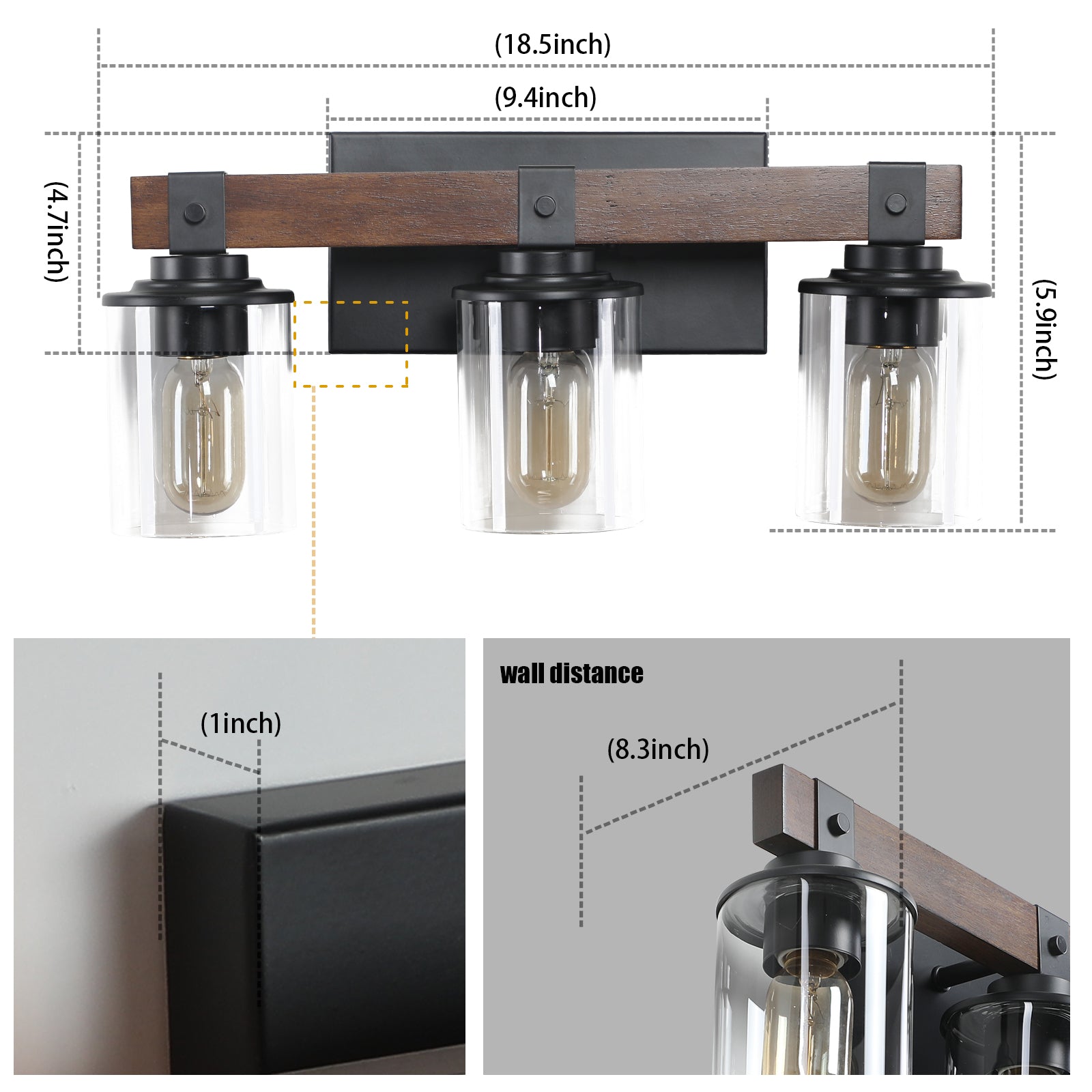 Rustic light vanity light with wood beam and clear glass shades
