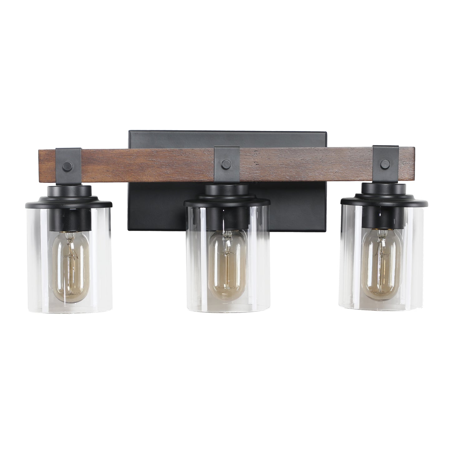 Rustic light vanity light with dark wood beam and clear glass shades