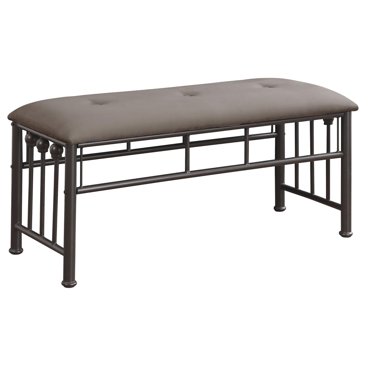 Brown upholstered metal bench with tufted seat and decorative legs