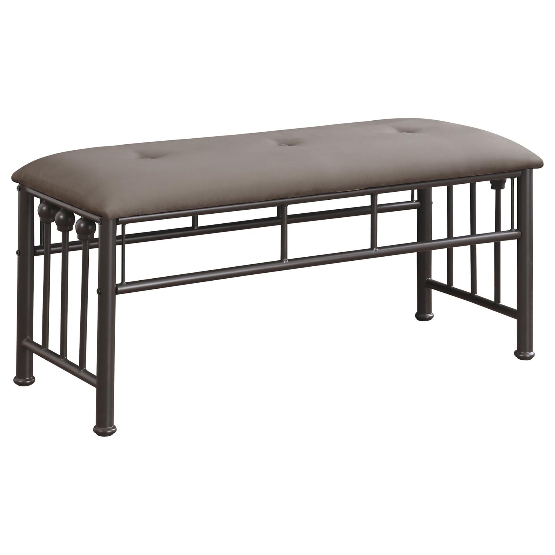 Brown upholstered metal bench with tufted seat and decorative legs