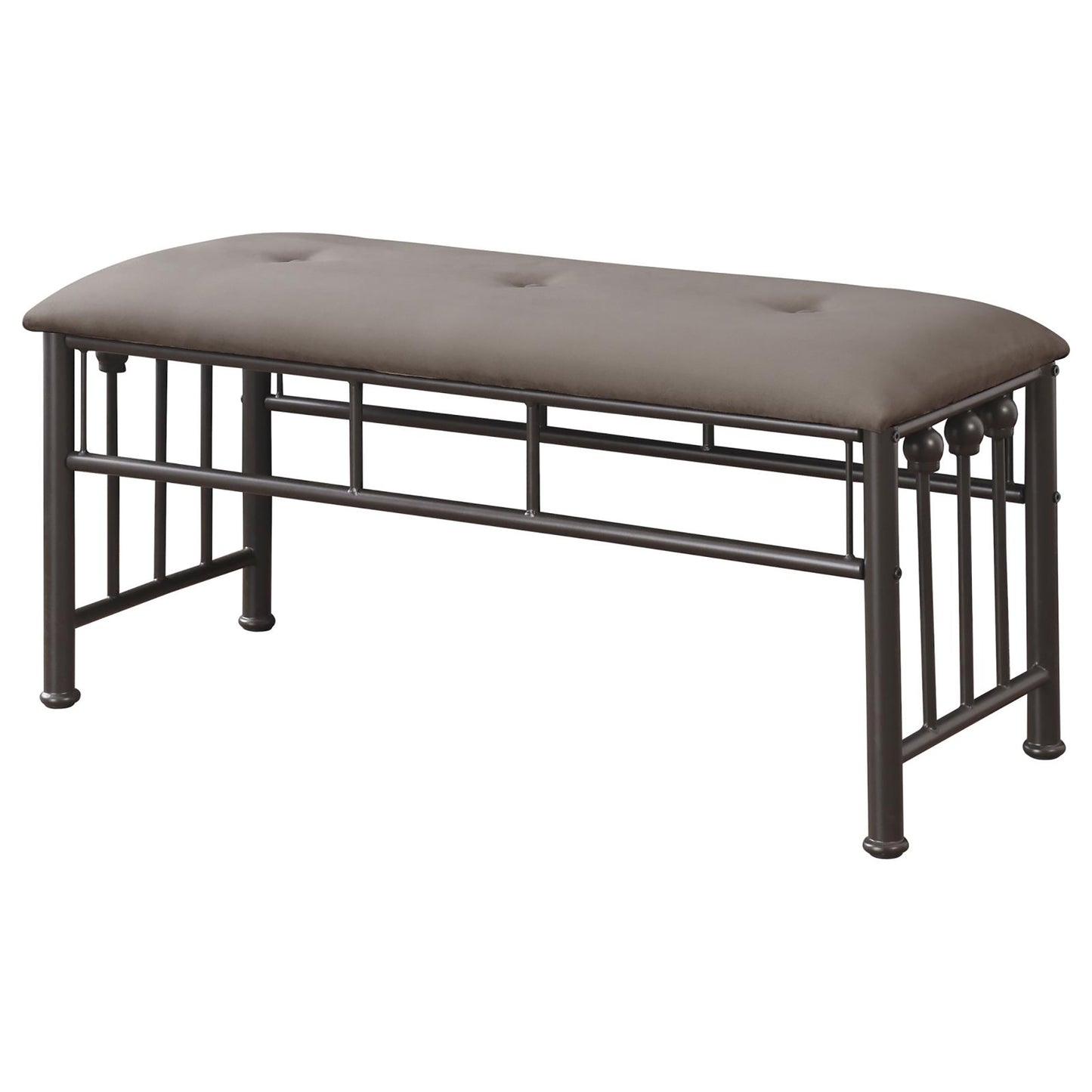 Tufted taupe upholstered bench with ornate dark metal scrollwork legs and accents